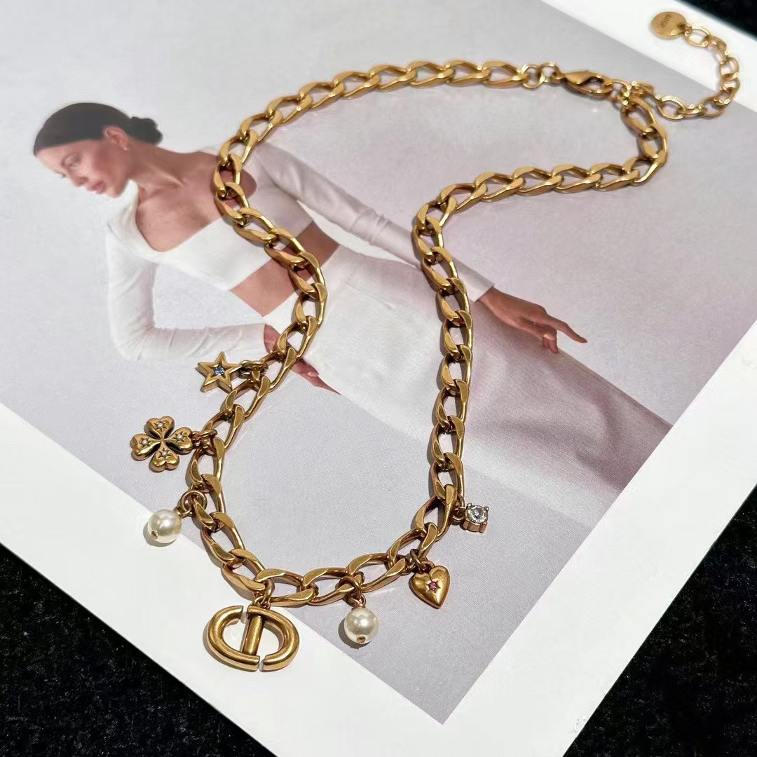 replica Dior Vintage Cuban Chain with Charms CD Pendant Necklace - H Lin Jewelry