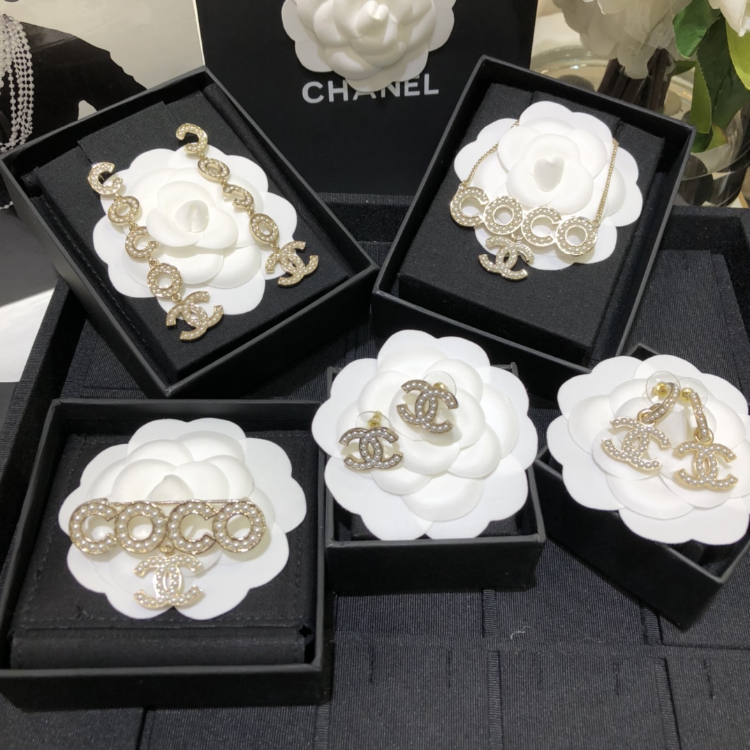 replica Coco Chanel Brooch Earrings Necklace - H Lin Jewelry