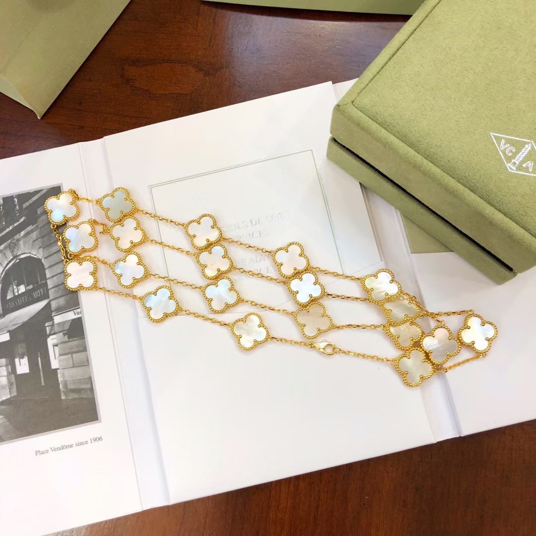 replica Van Cleef & Arpels Yellow Gold White Clover Vintage Alhambra Long Necklace, 20 Motifs - H Lin Jewelry