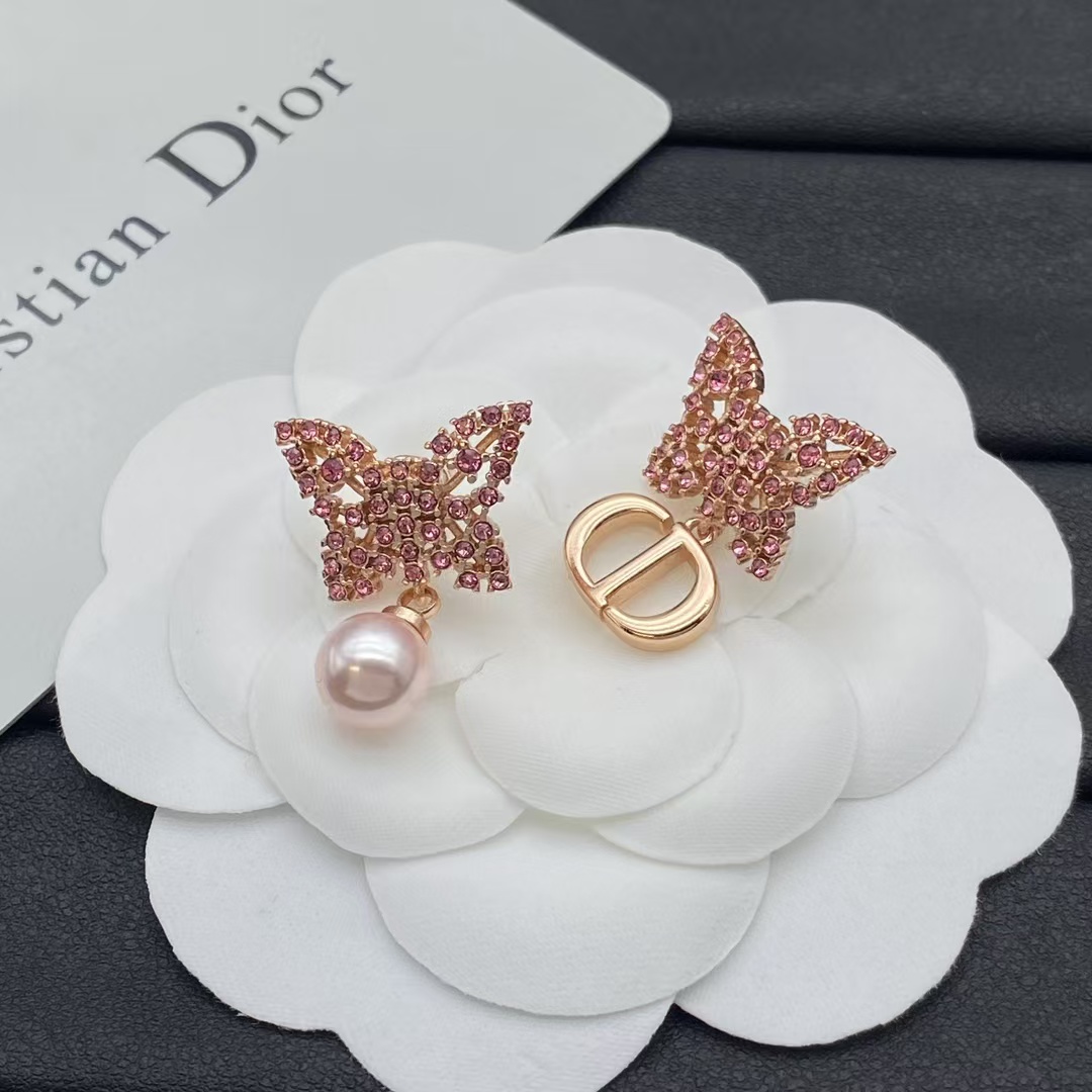replica Dior Asymmetric Rose Gold-Finish Pink Butterfly Earrings - H Lin Jewelry