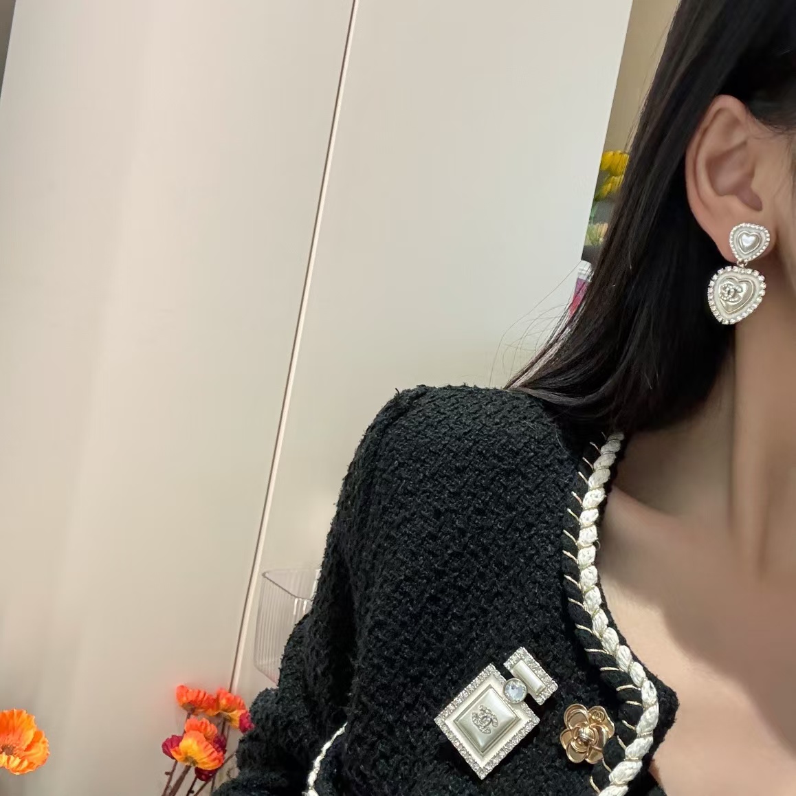 replica Chanel Two Heart Dangle Pearl Earrings - H Lin Jewelry