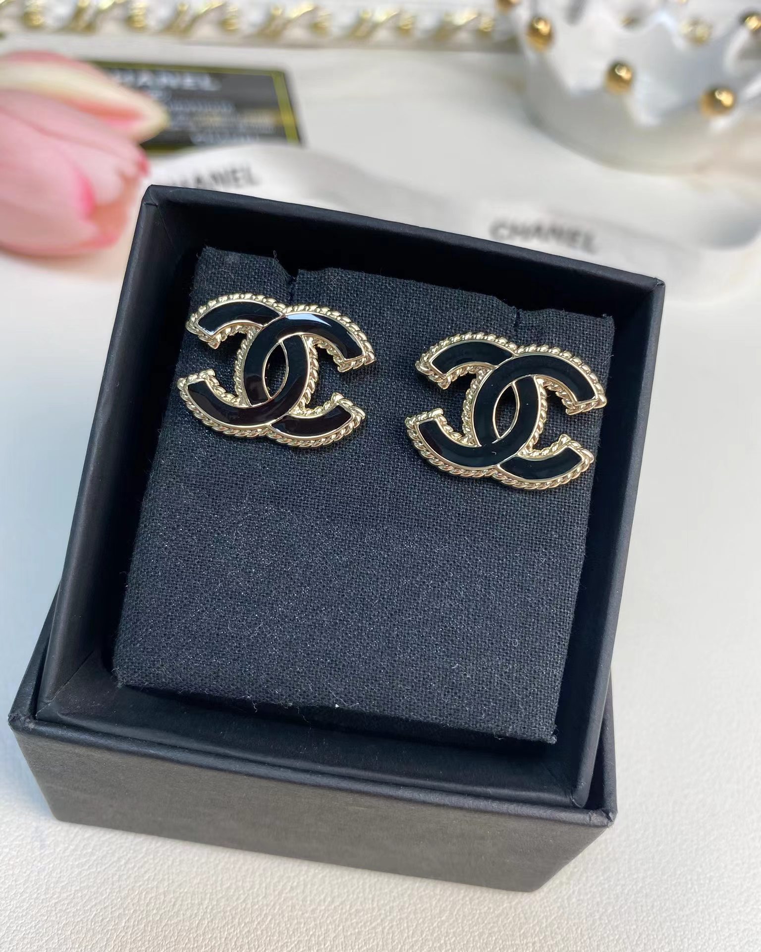replica Chanel Gold Edge Black Double C Earring - H Lin Jewelry