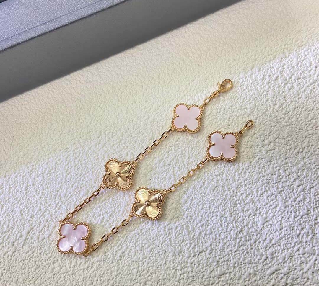 replica 2025 New Color Van Cleef & Arpels Vintage Alhambra Pink and Gold Bracelet 5 Motifs - H Lin Jewelry