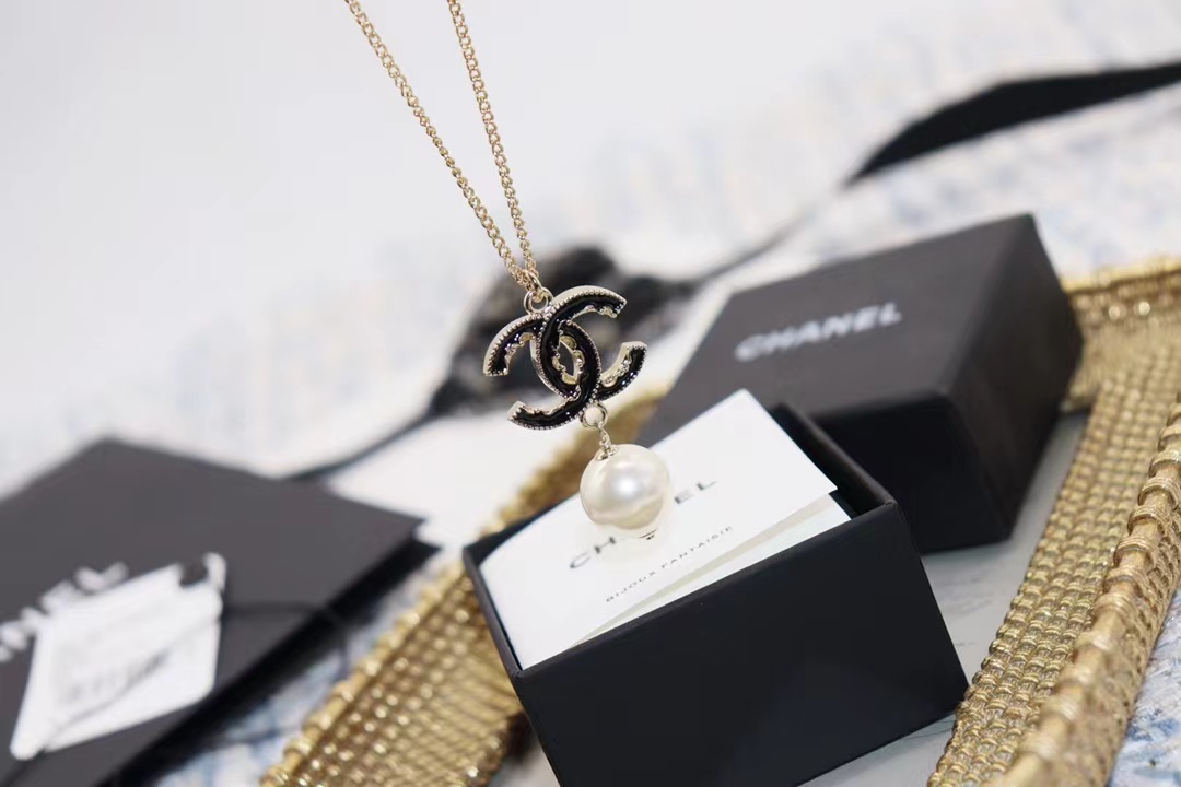 replica Chanel Black Double C Pearl Drop Pendant Necklace - H Lin Jewelry