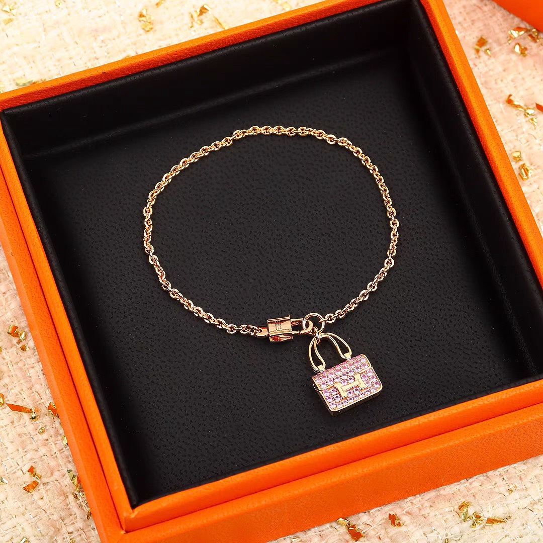 replica Hermes Pink Diamond H Bag Bracelet - H Lin Jewelry