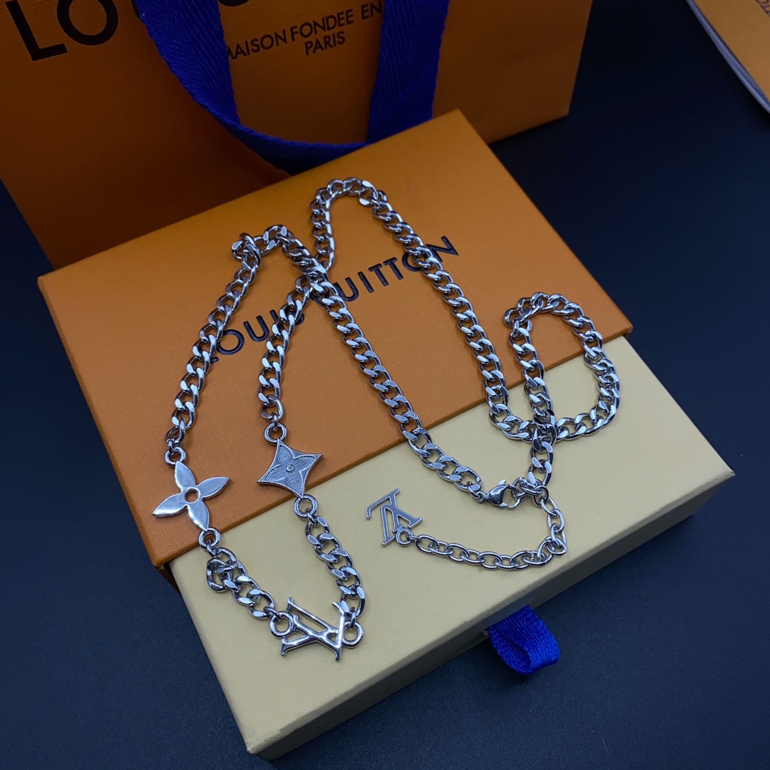 replica Louis Vuitton Silver Cuban Chain Monogram Necklace Mens - H Lin Jewelry