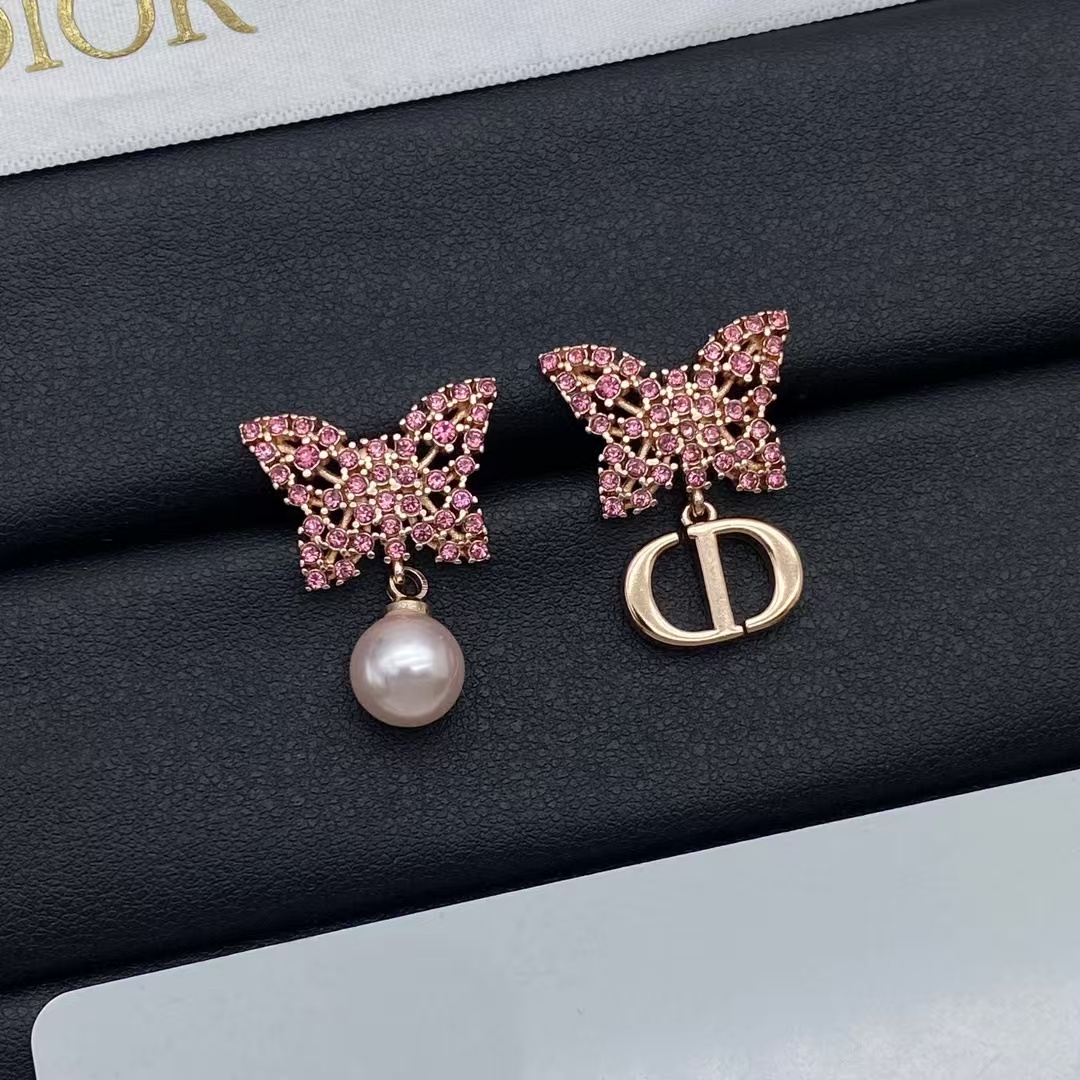 replica Dior Asymmetric Rose Gold-Finish Pink Butterfly Earrings - H Lin Jewelry