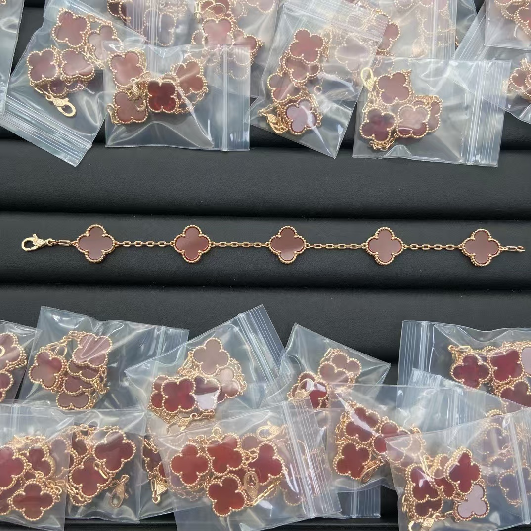 replica Van Cleef & Arpels Vintage Alhambra Red Carnelian Rose Gold Bracelet, 5 Motifs - H Lin Jewelry