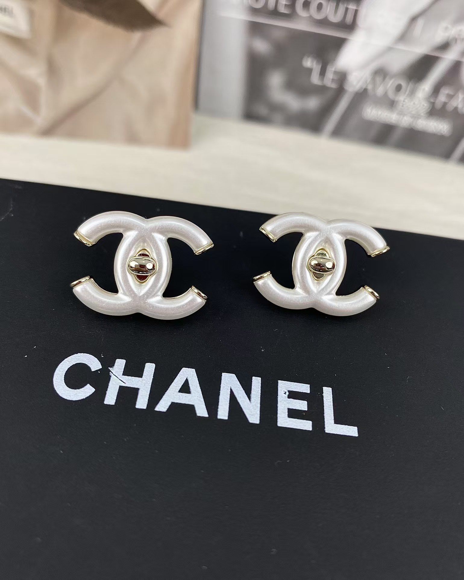 replica Chanel White Double C Stud Earrings - H Lin Jewelry