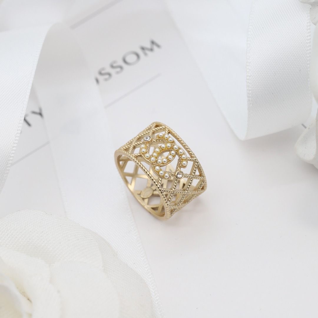 replica Chanel Light Gold Hollow Pearl CC Ring - H Lin Jewelry