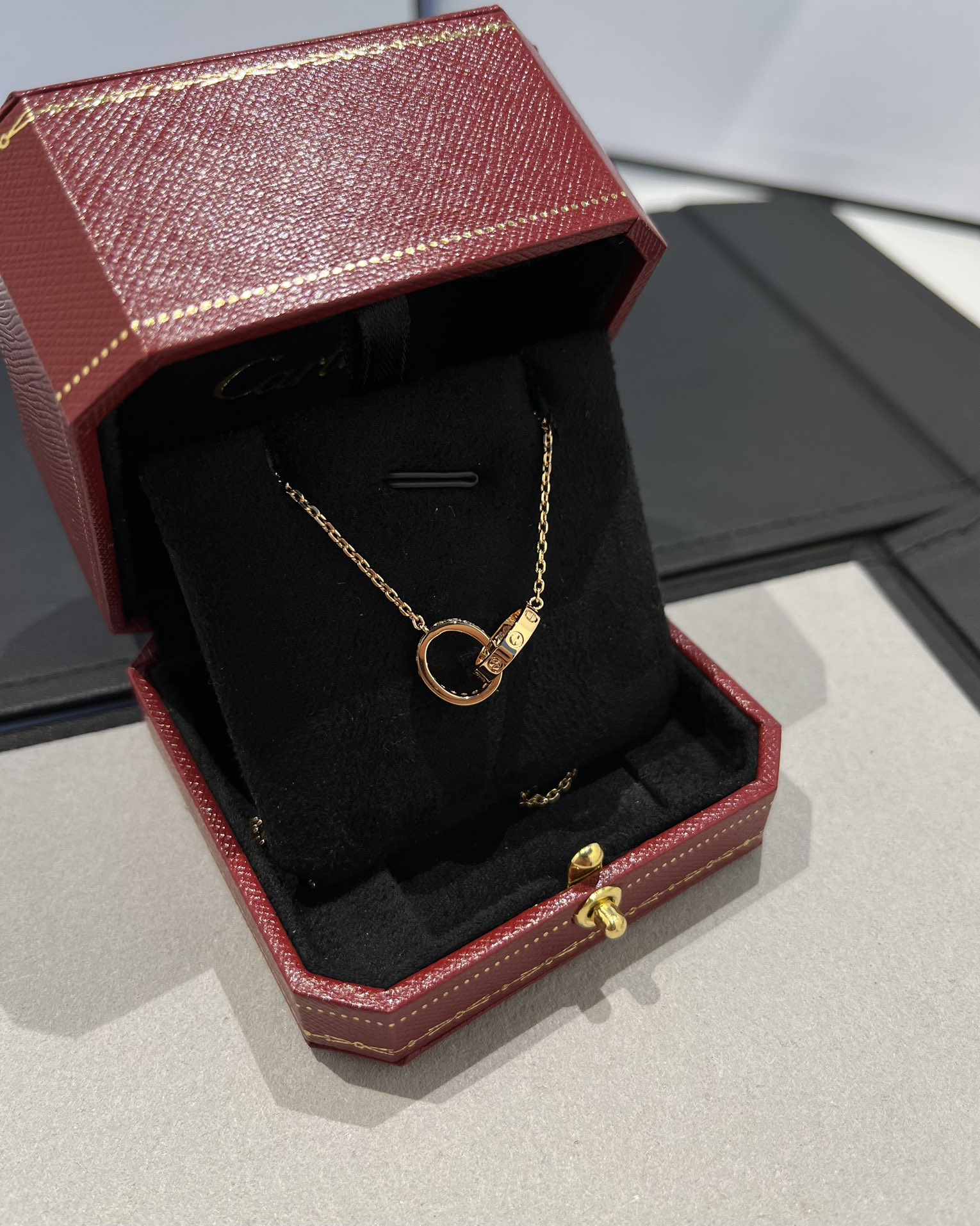 replica Cartier Pink Gold LEVE LOVE Pendant Necklace - Half Paved - H Lin Jewelry