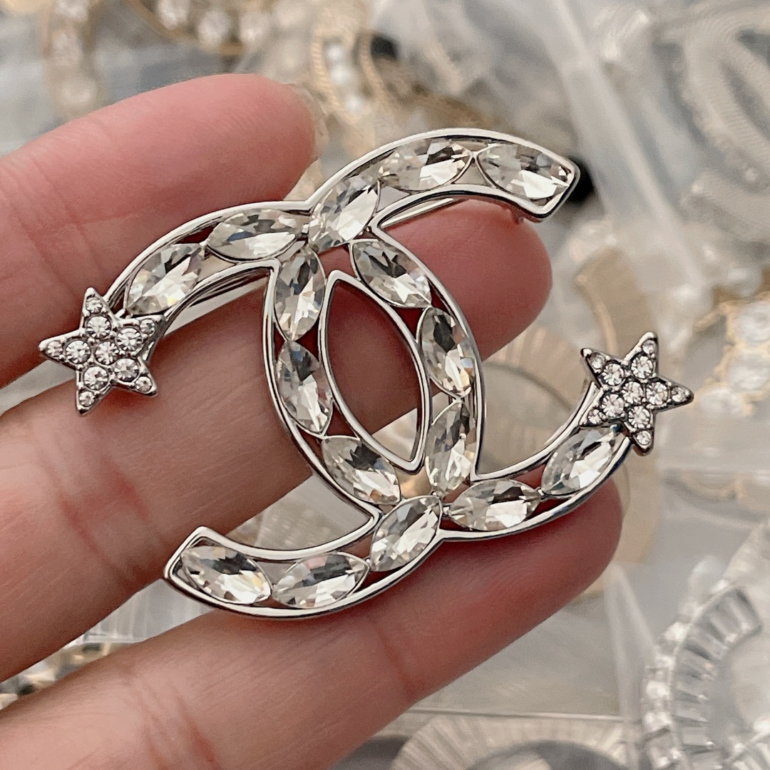 replica Chanel Silver Rhinestone Two Star CC Brooch - H Lin Jewelry