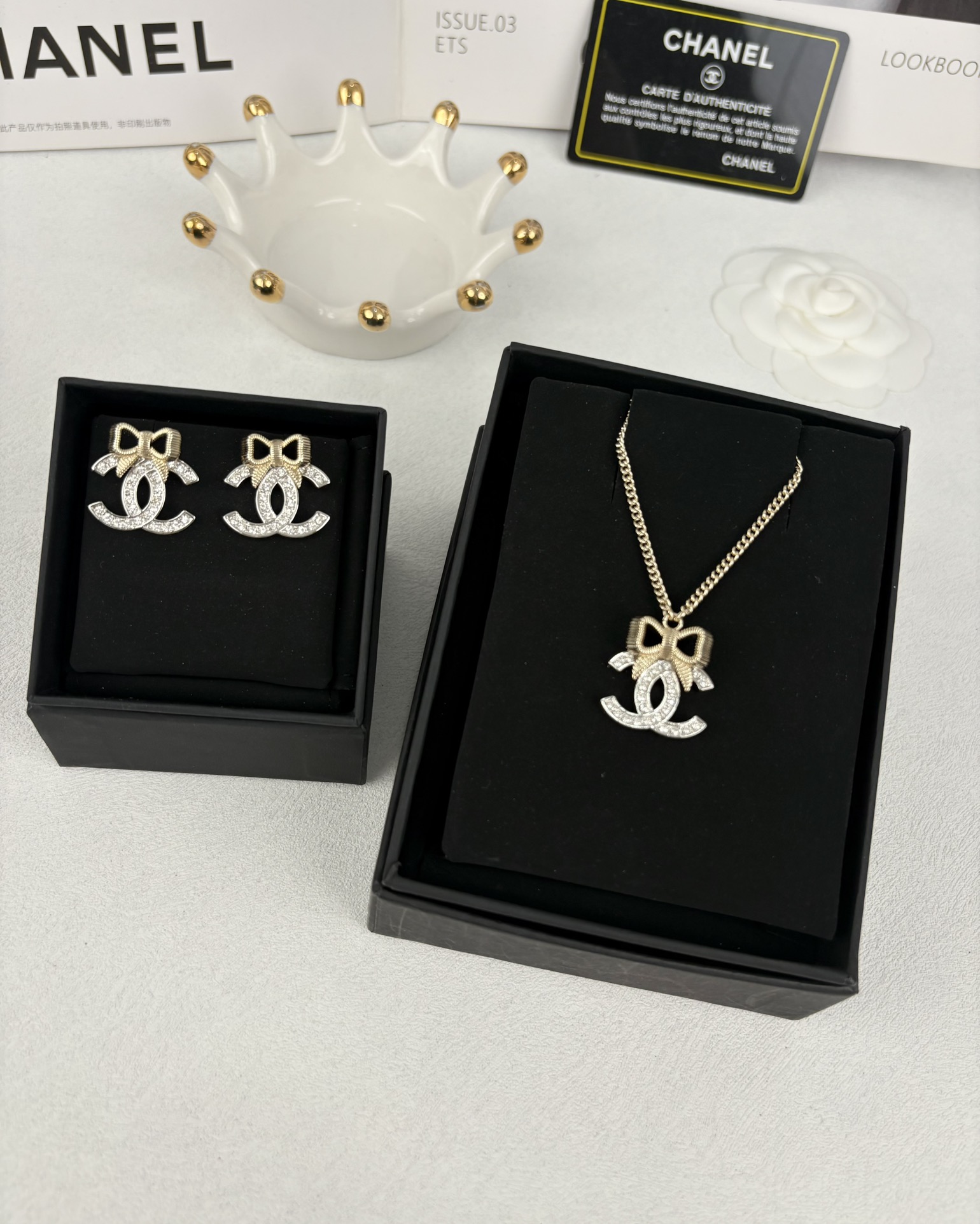 replica Chanel Light Gold Bow Mixed Silver CC Brooch Earrings Necklace - H Lin Jewelry