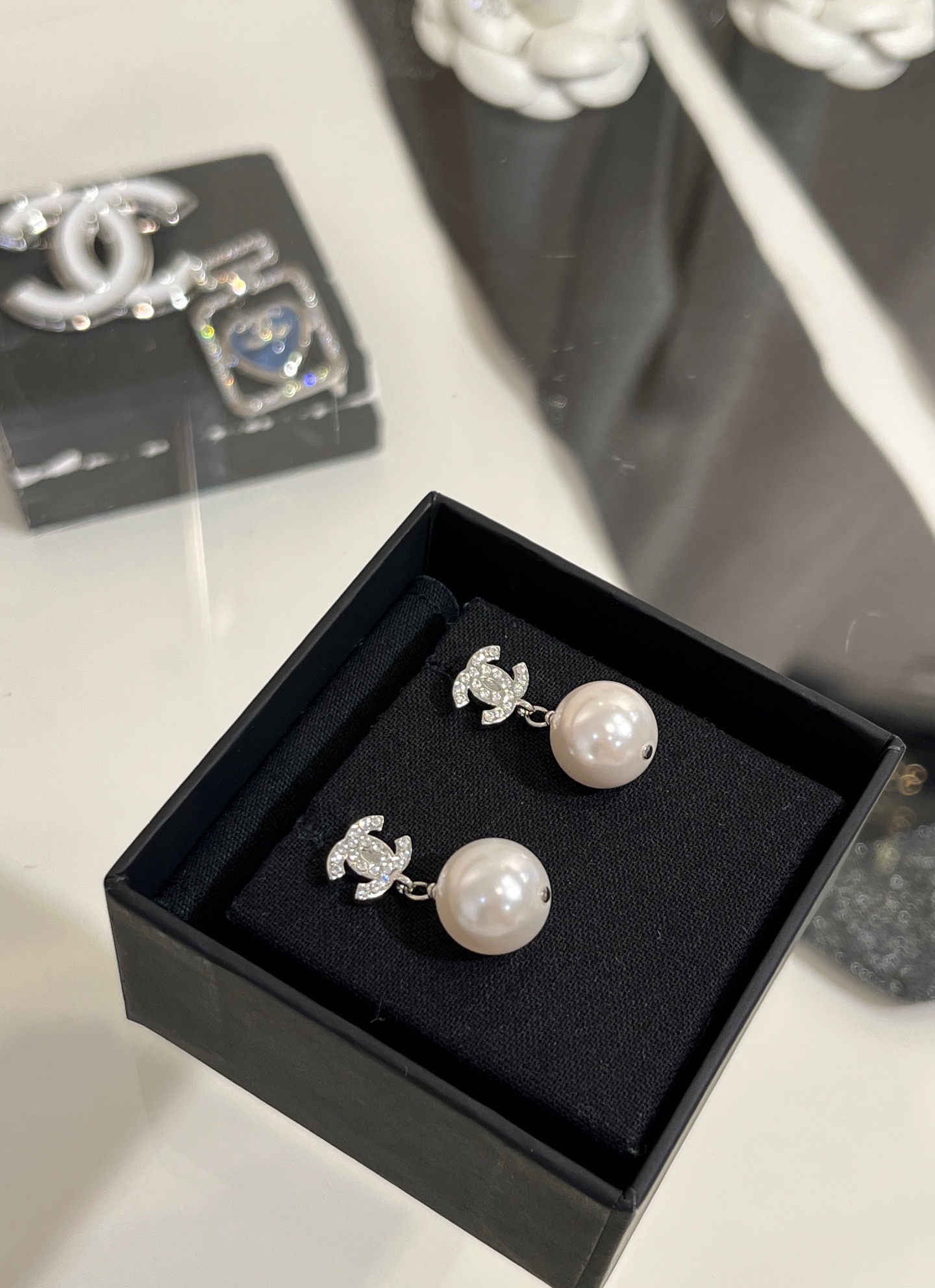 replica Chanel Classic Silver Coco Pearl Drop Earrings - H Lin Jewelry