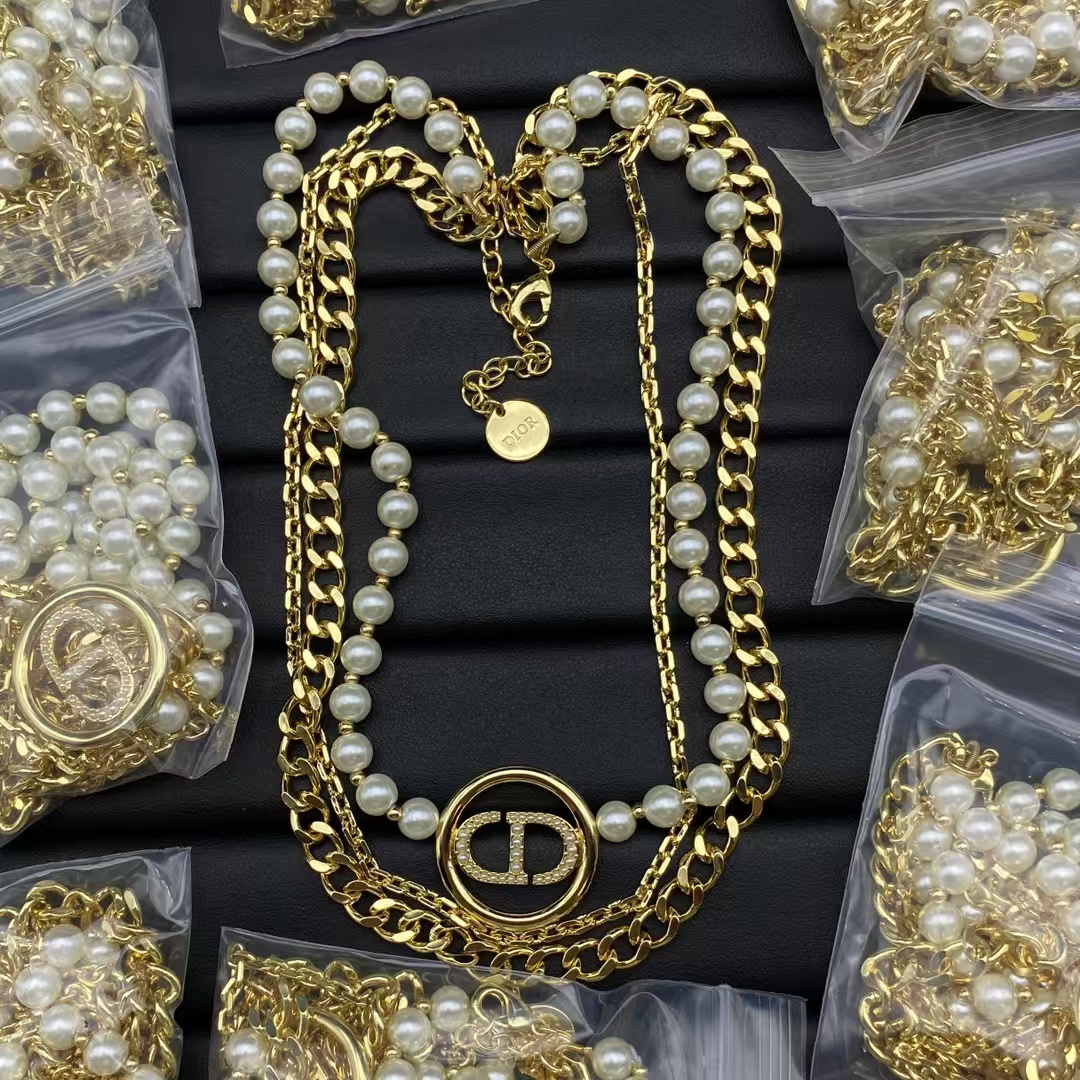 replica Dior Three Layer Pearl and Cuban Chain Stacked Necklace - H Lin Jewelry