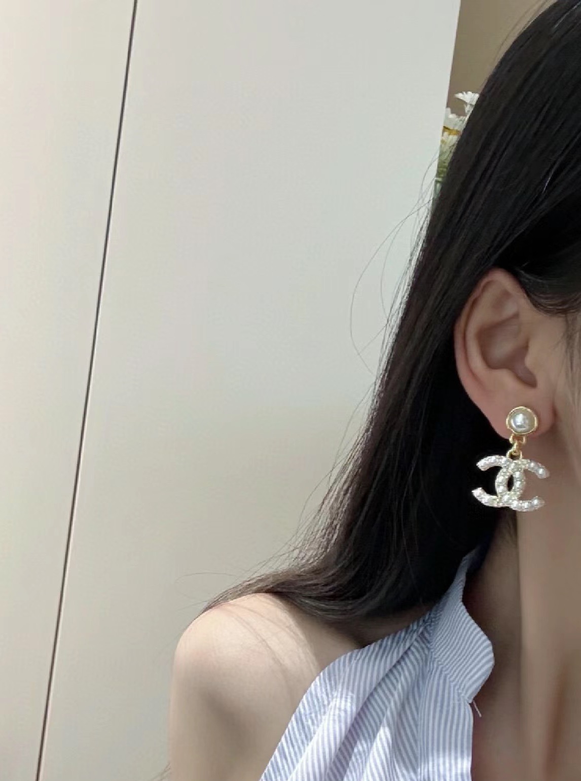 replica Chanel Pearl Paved CC Dangle Earrings - H Lin Jewelry