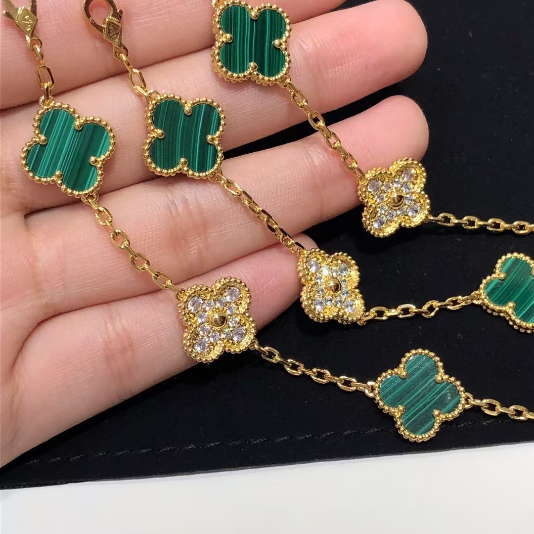 replica Van Cleef & Arpels Malachite and Gold Vintage Alhambra Bracelet 5 Motifs - H Lin Jewelry
