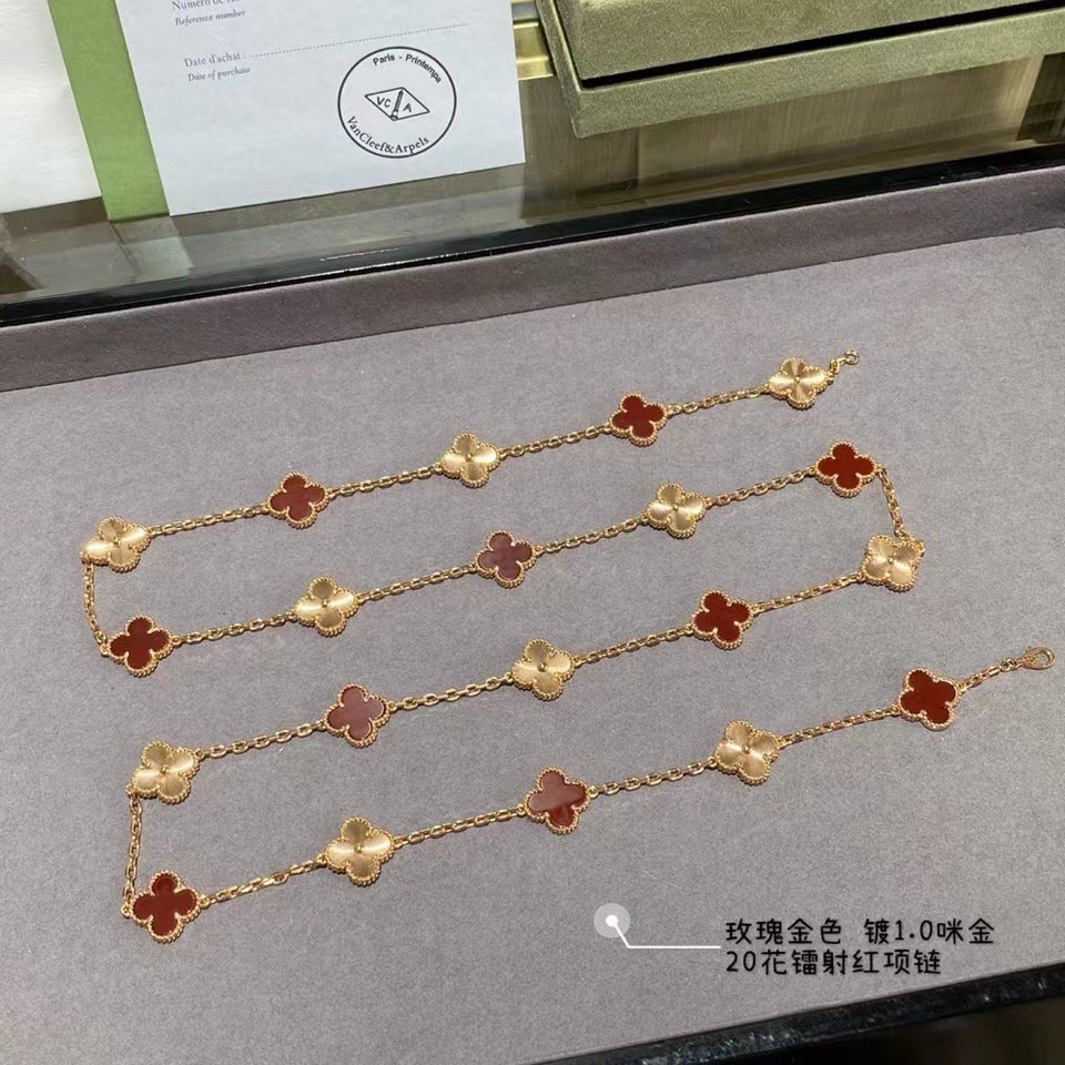 replica Van Cleef & Arpels Vintage Alhambra Rose Gold Mixed Carnelian Clover Long Necklace - H Lin Jewelry