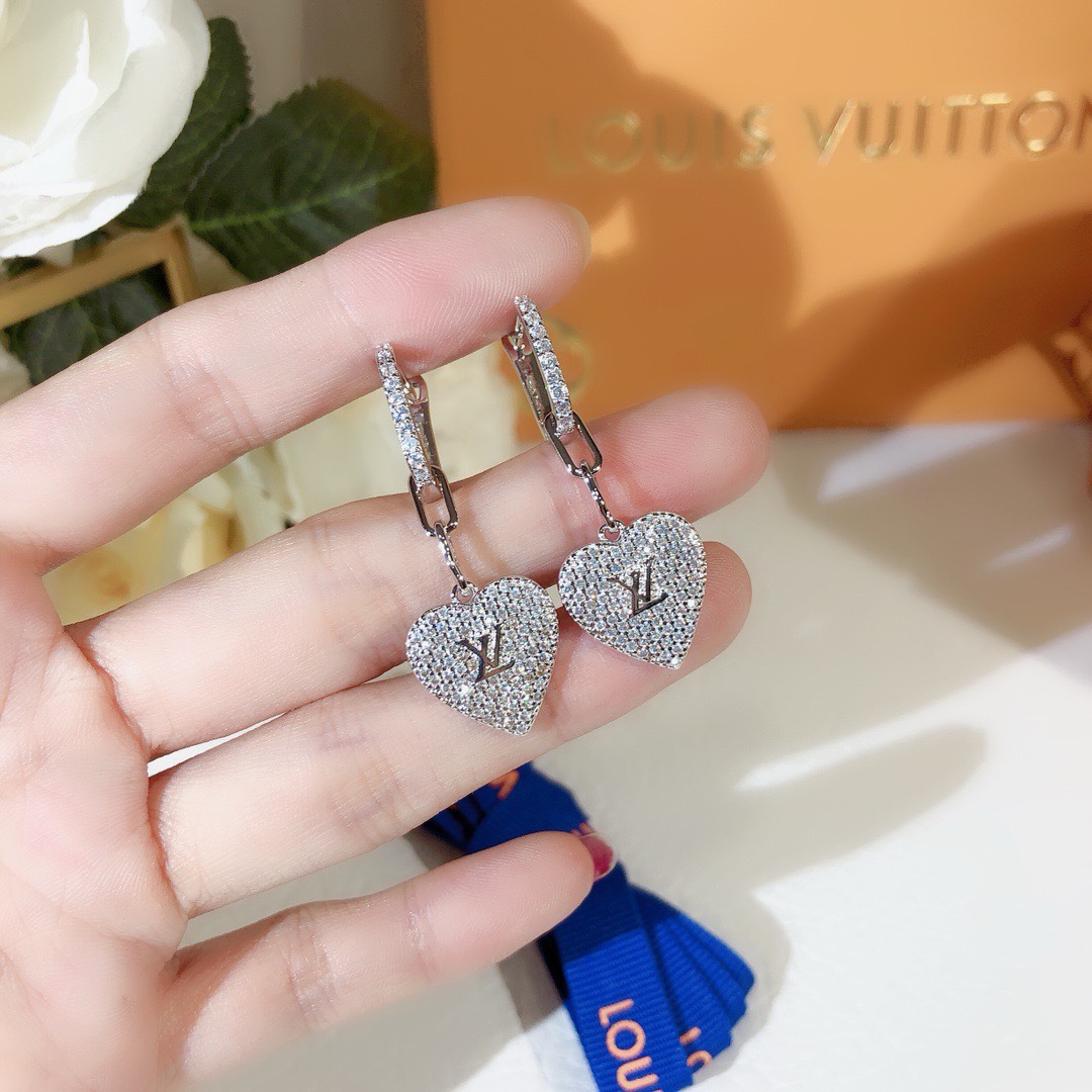 replica Louis Vuitton Full Diamond Hoop Heart Dangle Earrings - H Lin Jewelry