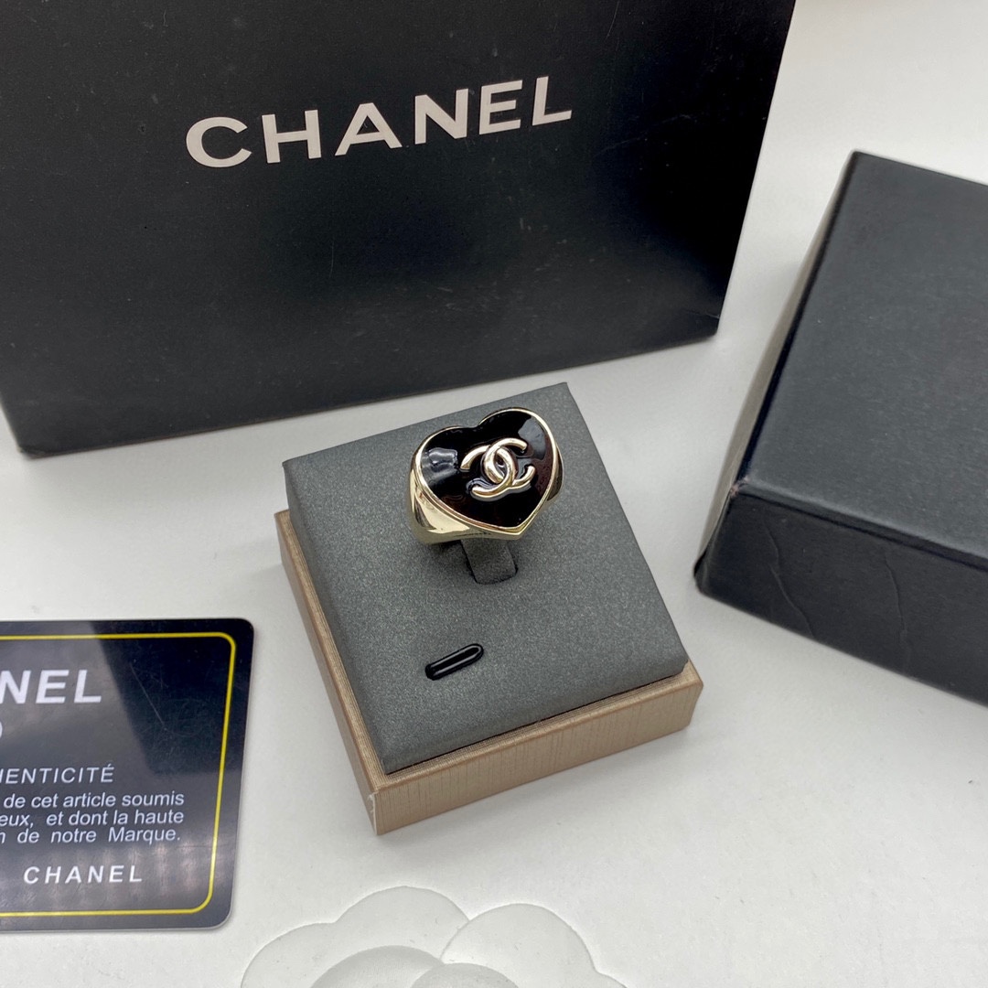 replica Chanel Black Enamel Heart Light Gold Ring - H Lin Jewelry