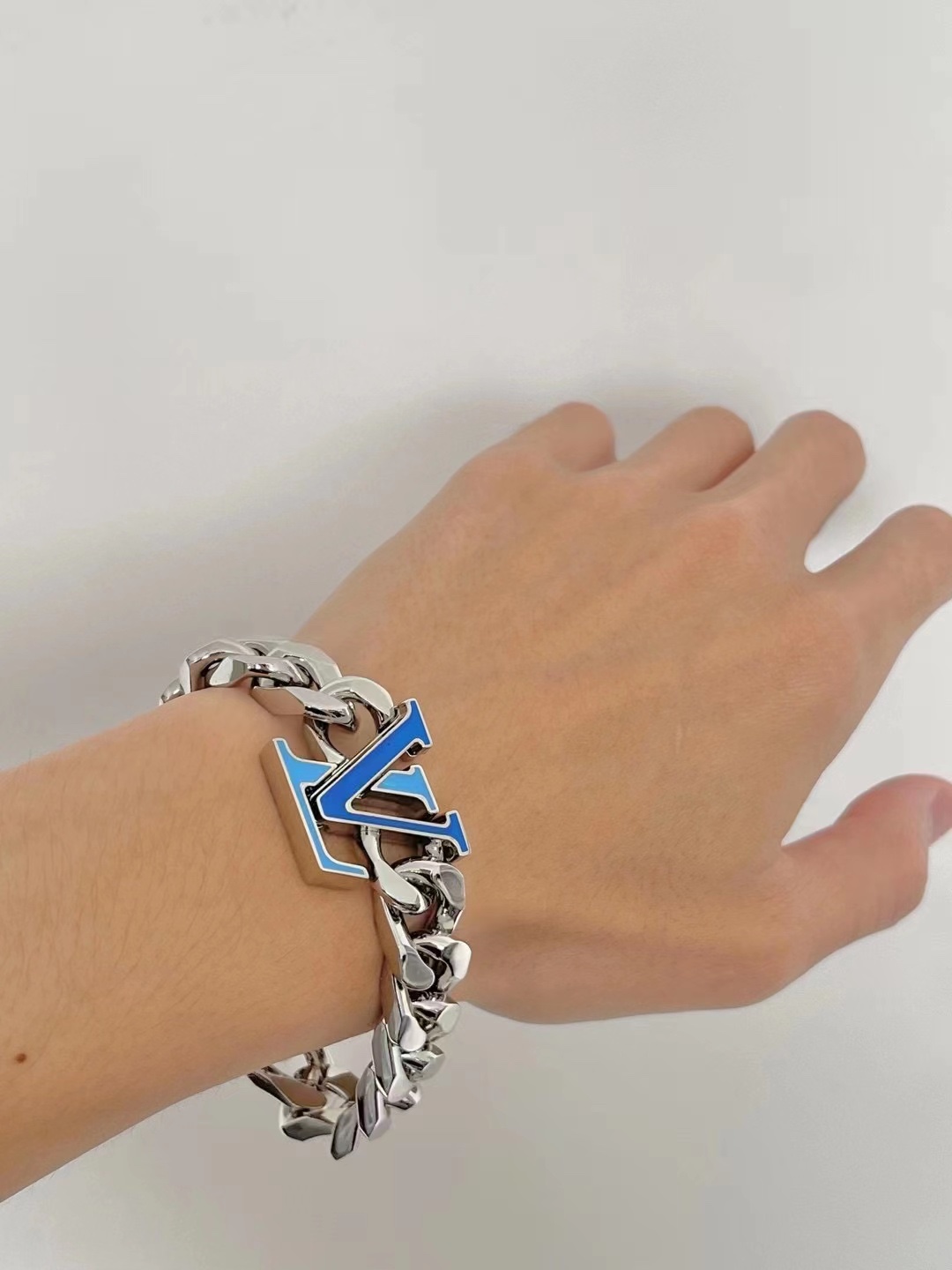 replica Louis Vuitton Silver Chunky Cuban Chain Blue LV Men's Bracelet - H Lin Jewelry