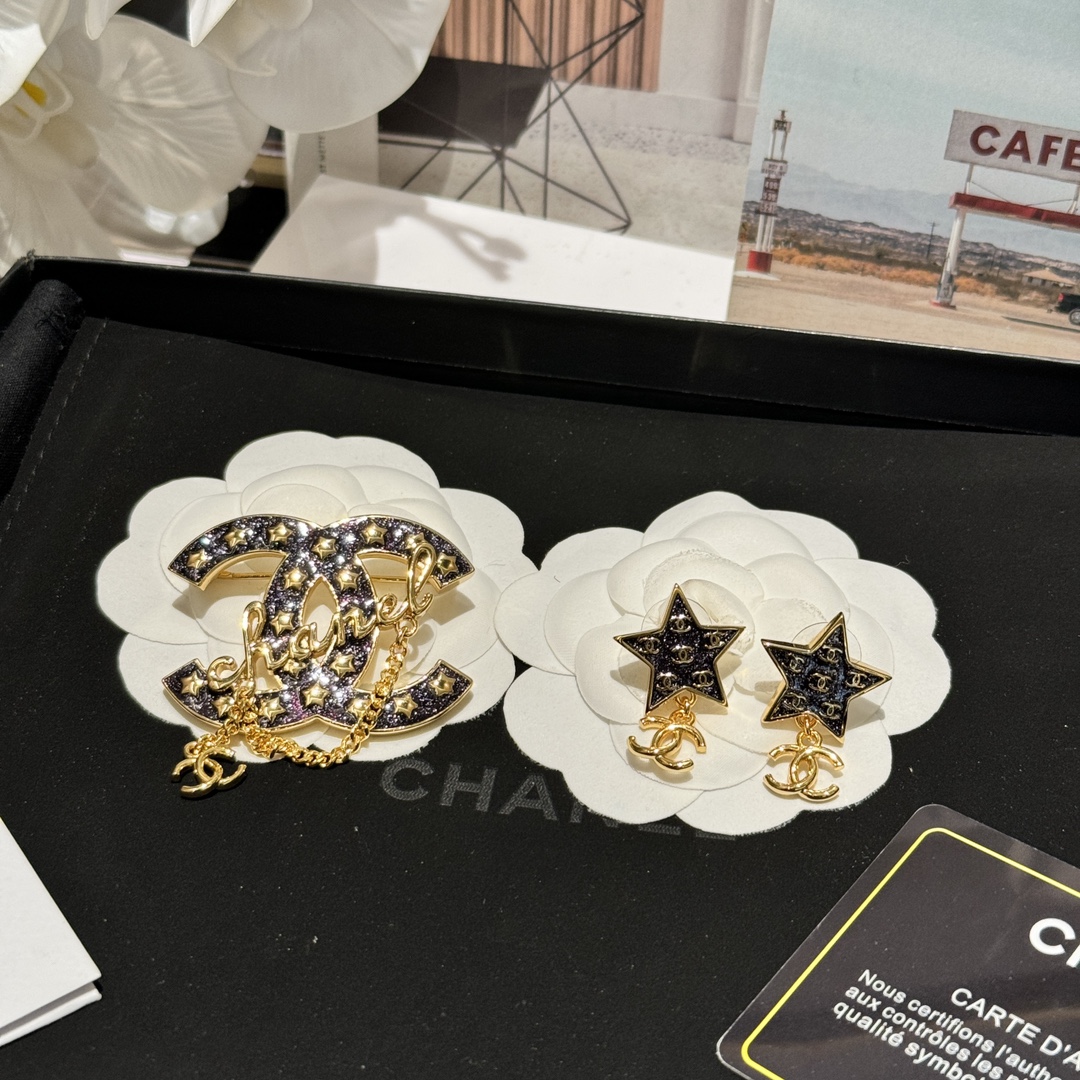 replica Chanel Star Enamel Coco Brooch Earrings - H Lin Jewelry