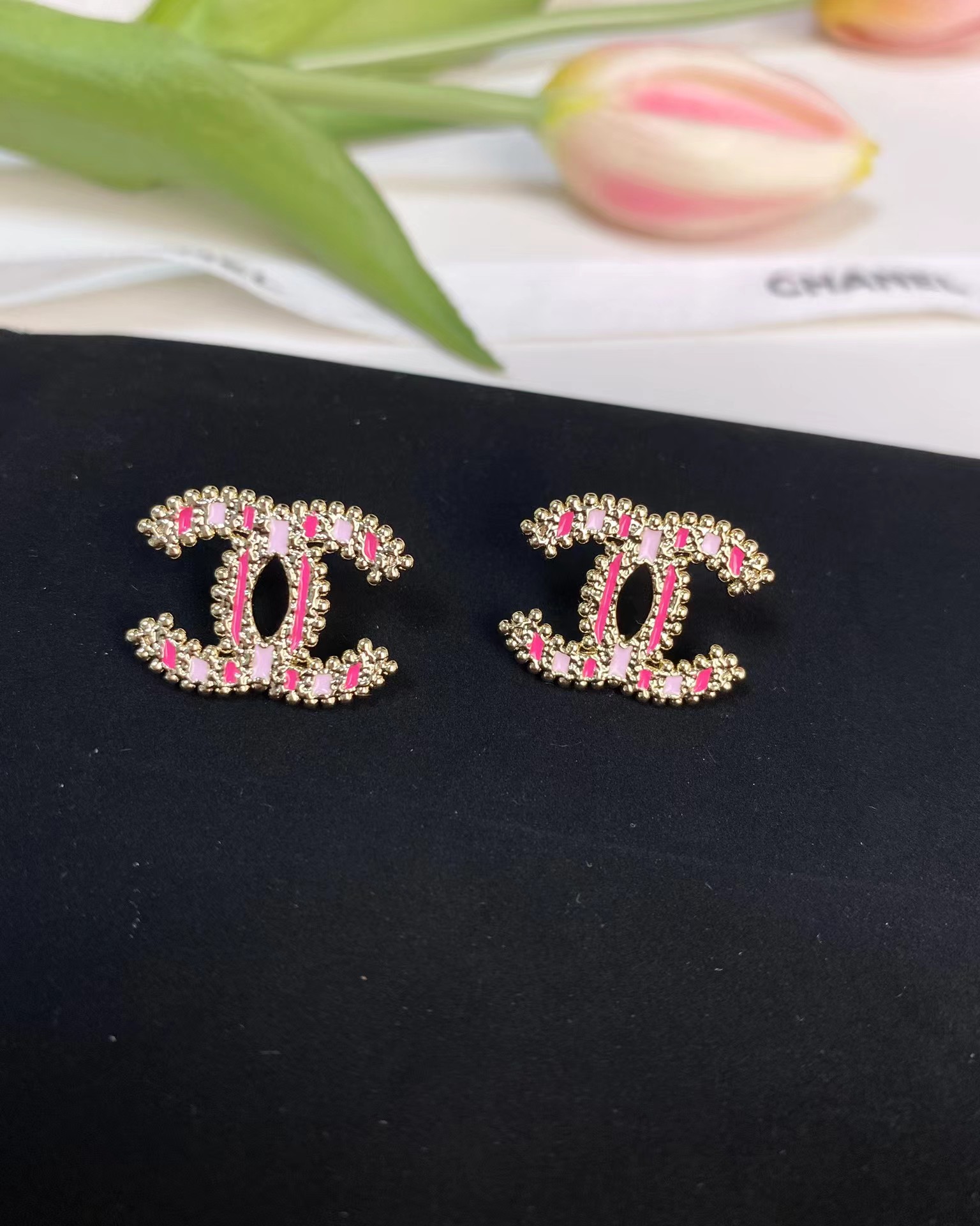 replica Chanel Enamel Pink Double C Earrings - H Lin Jewelry