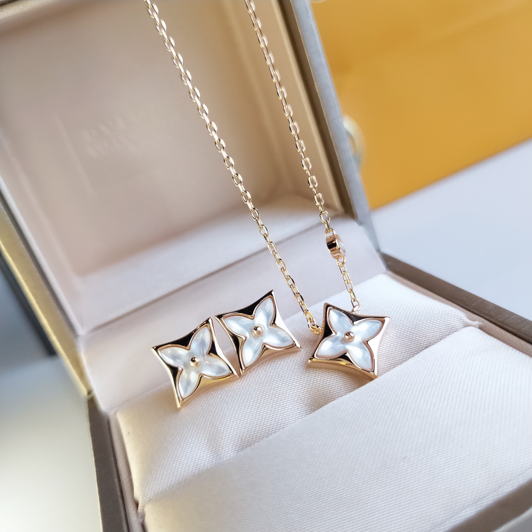 replica Louis Vuitton Rose Gold White Mother of Pearl Blossom Earrings Necklace - H Lin Jewelry