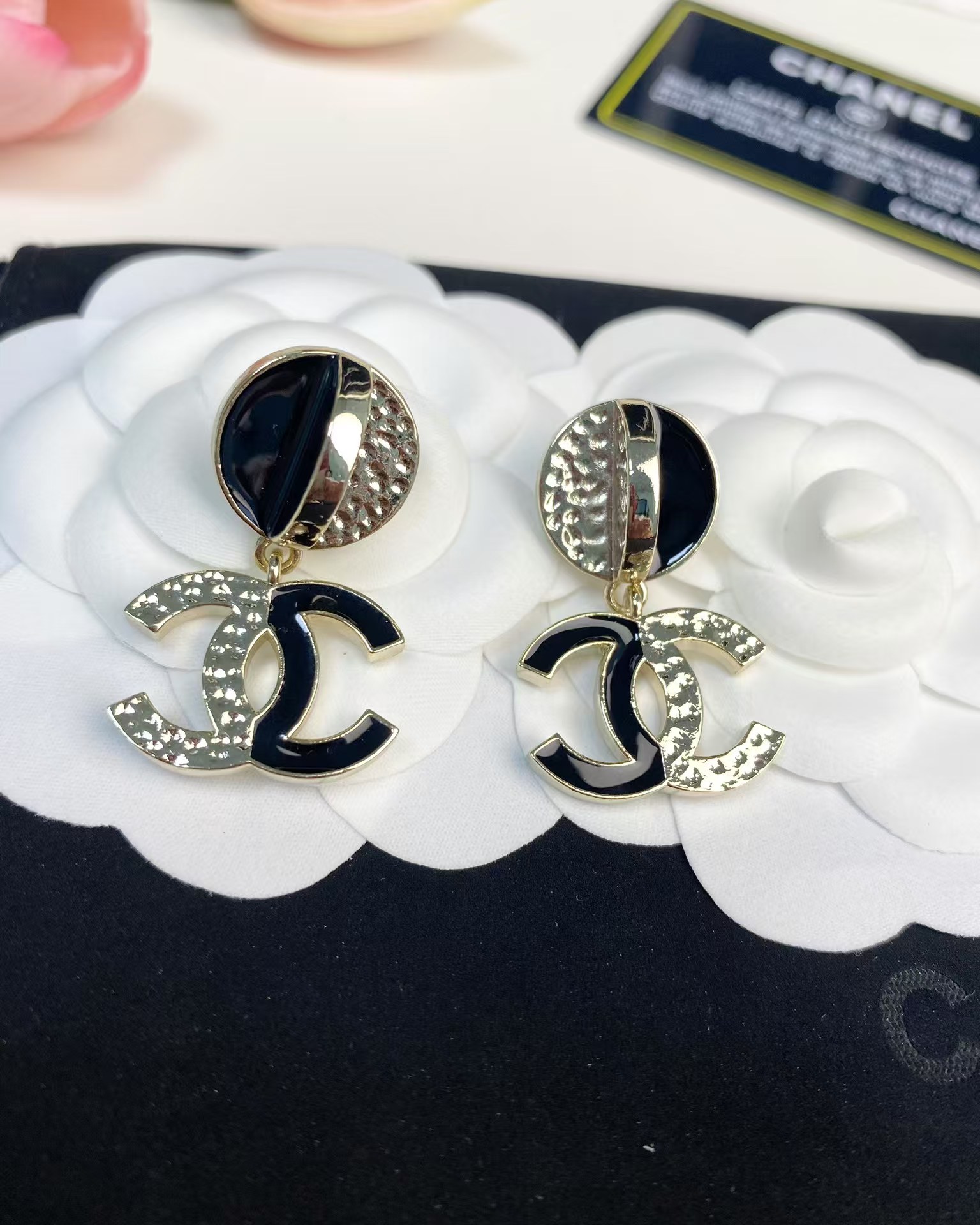 replica Chanel Half Black Enamel Double C Dangle Earrings - H Lin Jewelry