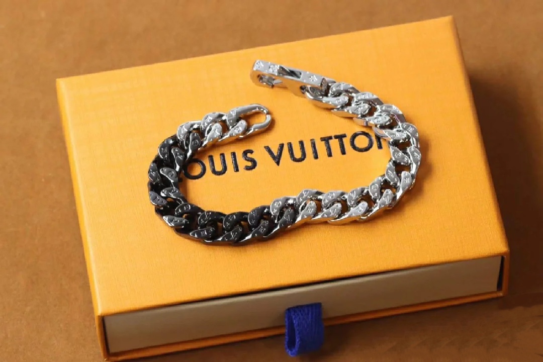 replica Louis Vuitton Silver Black Cuban Monogram Mens Bracelet - H Lin Jewelry