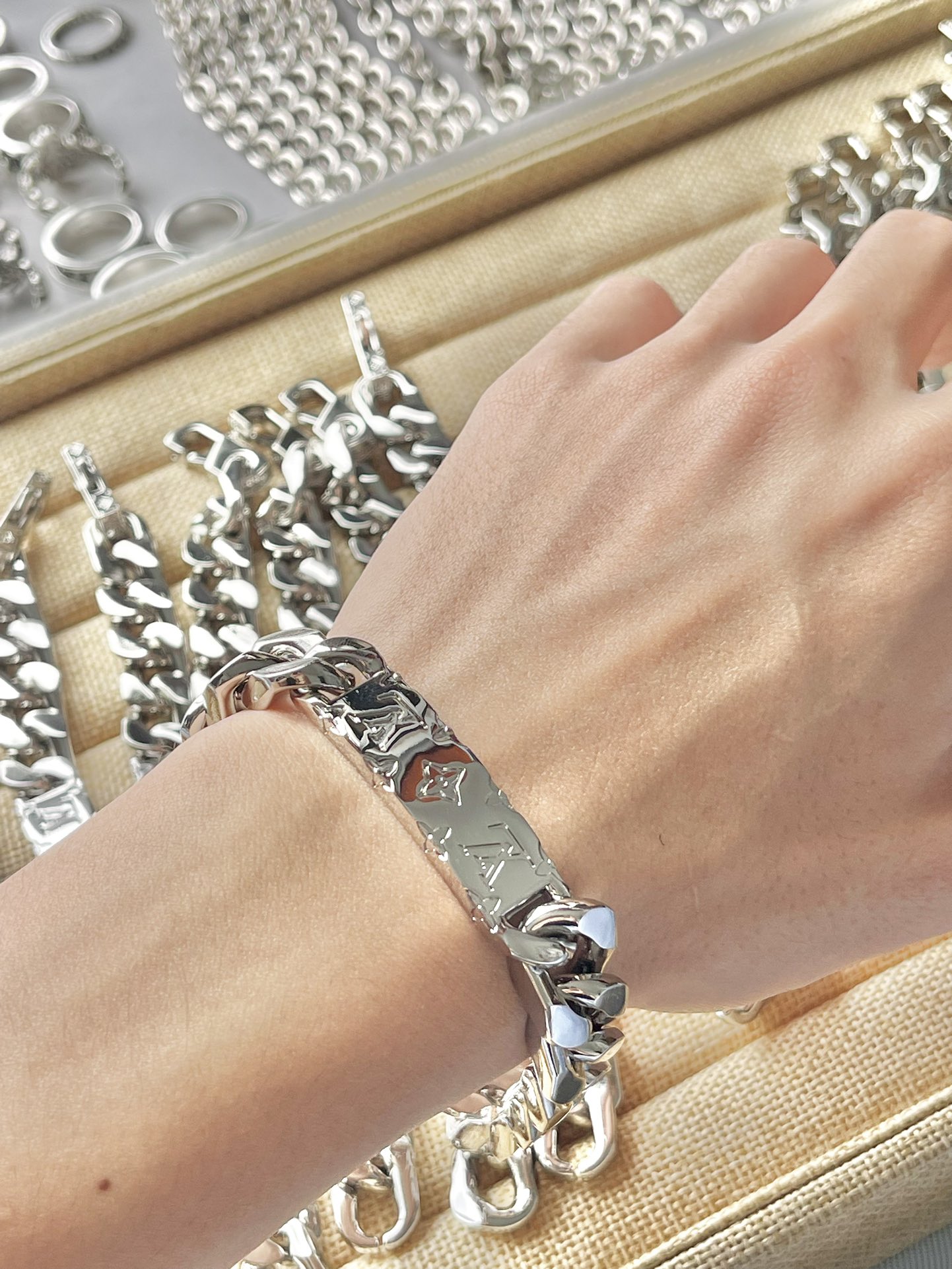 replica Louis Vuitton Men's Silver Color Chunky Cuban Bracelet - H Lin Jewelry