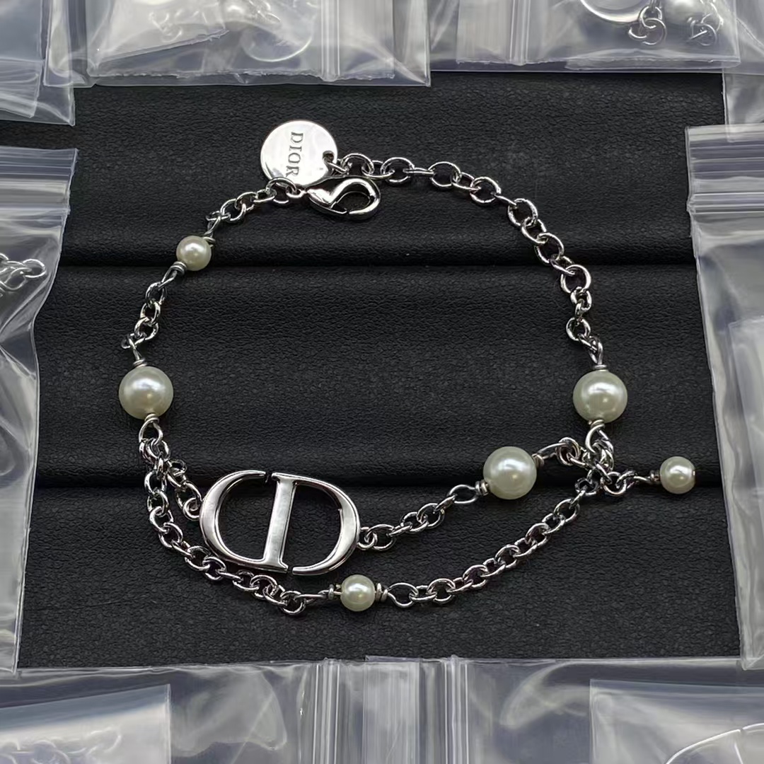 replica Dior CD Pearl Charms Silver Chain Bracelet - H Lin Jewelry