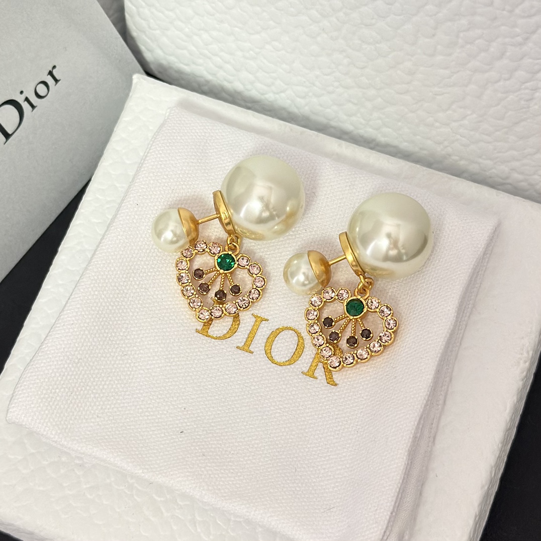 replica Dior Color Gem Heart Dangle Pearl Earrings - H Lin Jewelry