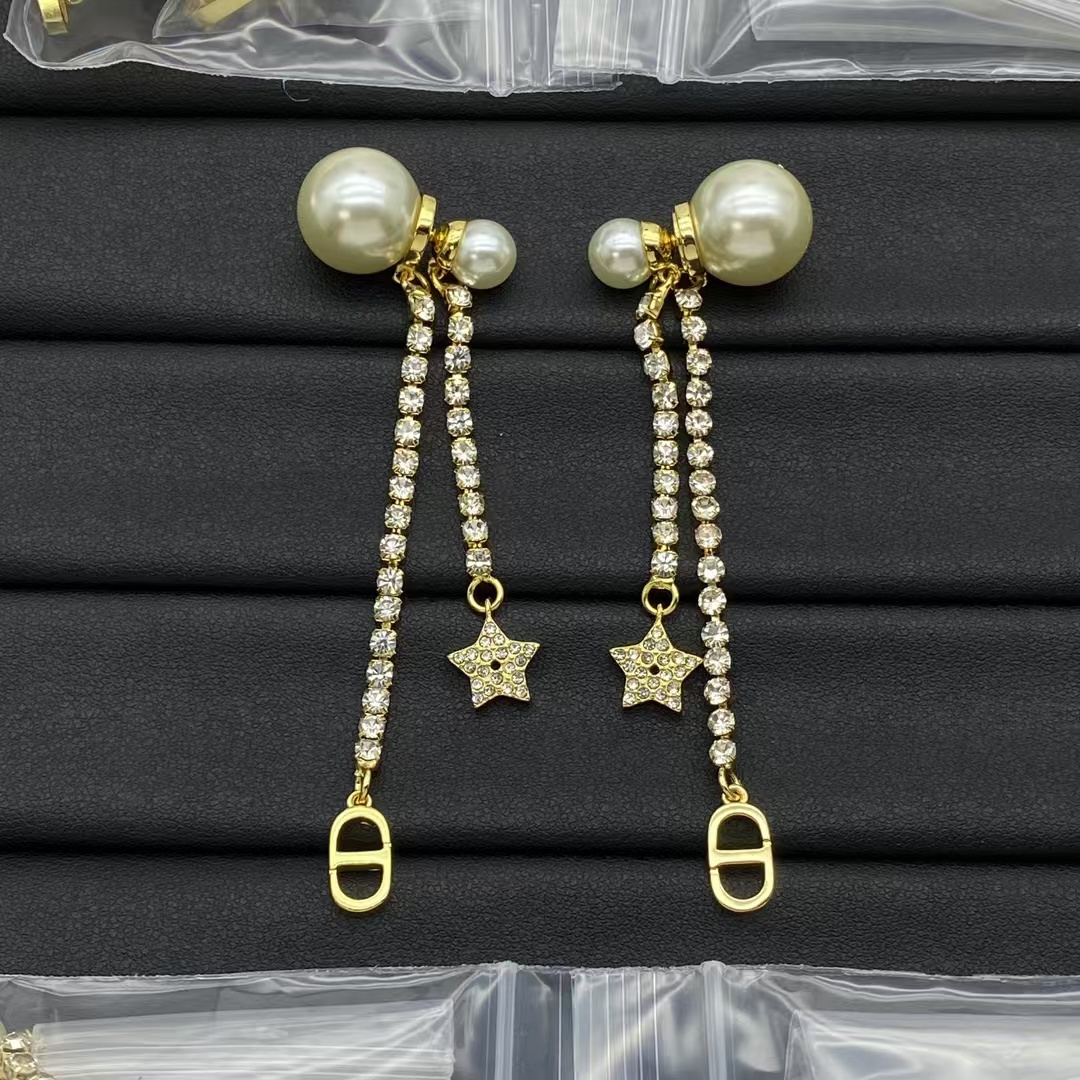 replica Dior Rhinestone Tassel Pearl Earrings - H Lin Jewelry