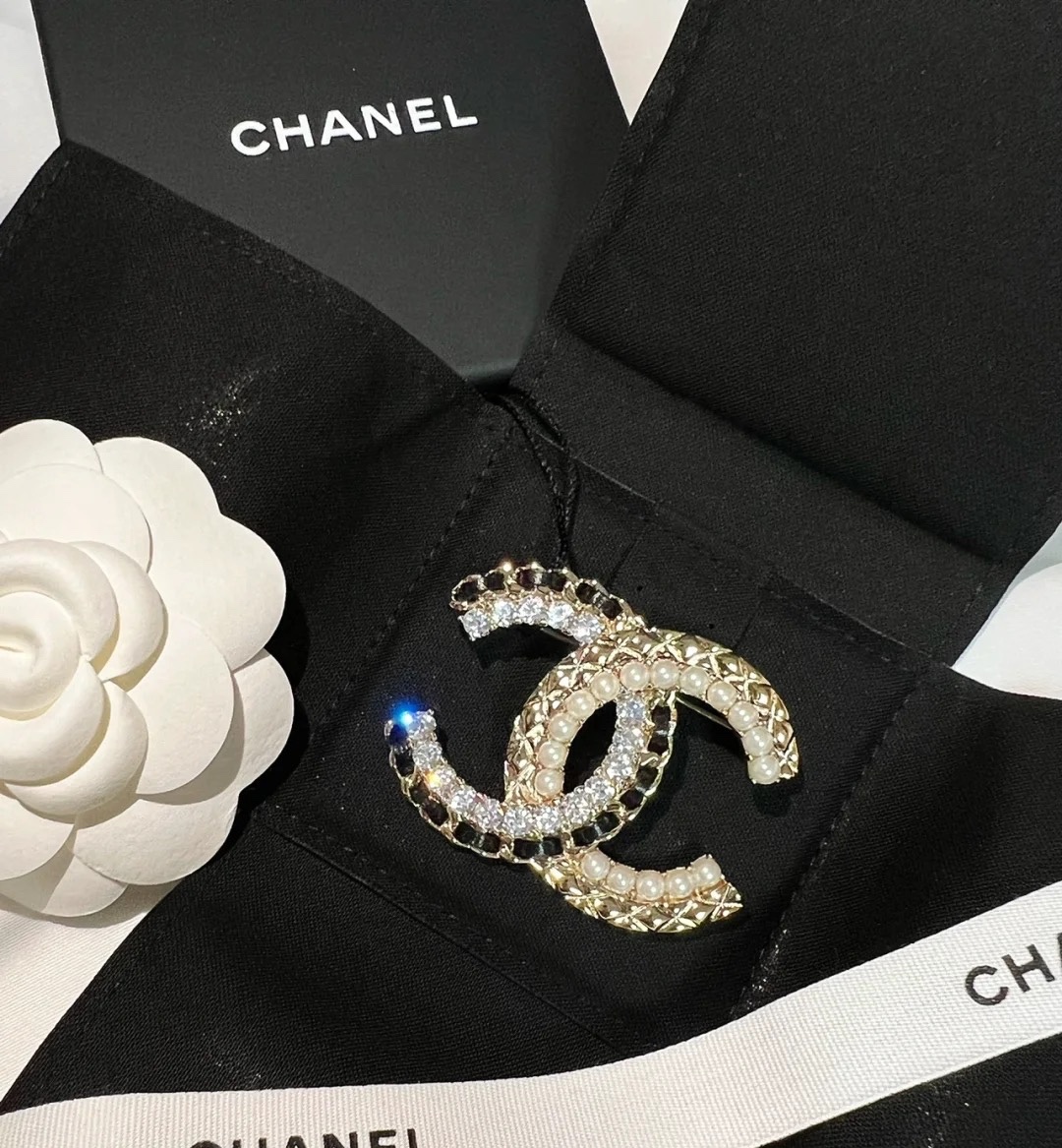 replica Chanel Leather Diamond Pearl CC Brooch - H Lin Jewelry