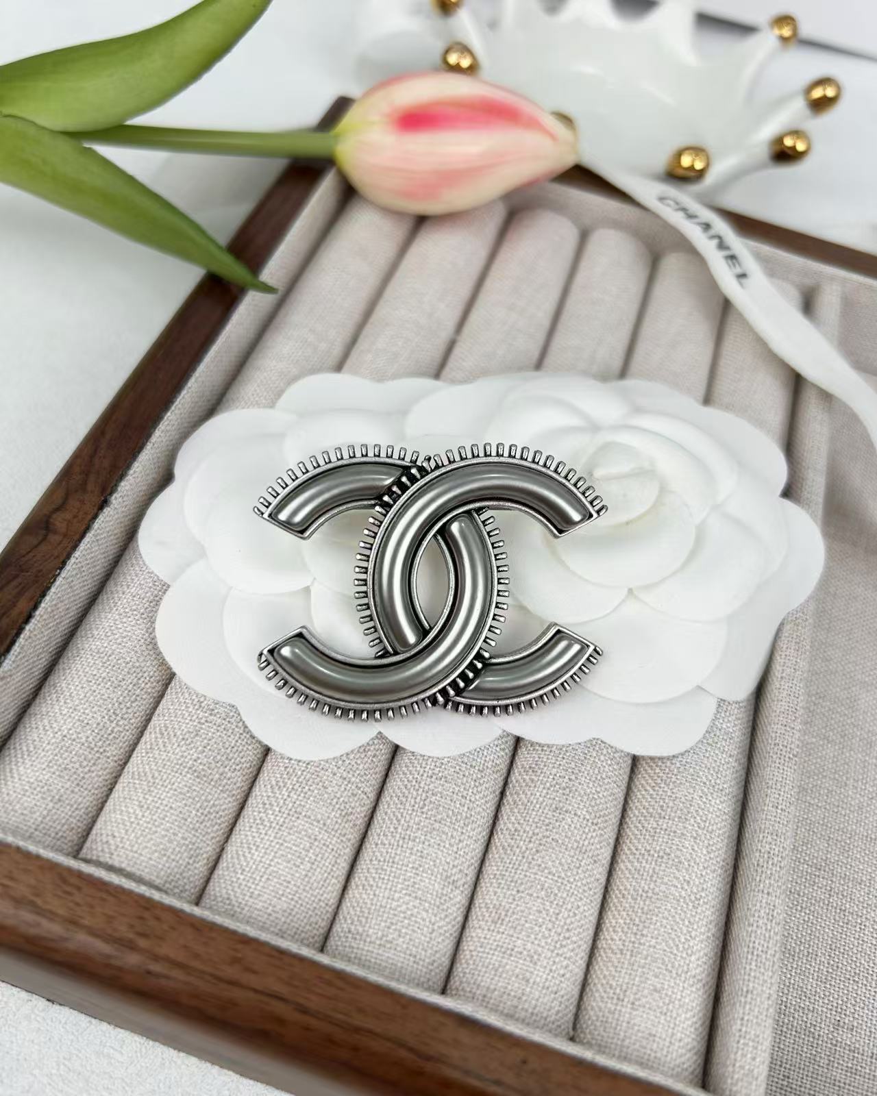 replica Chanel Vintage Gray CC Brooch - H Lin Jewelry