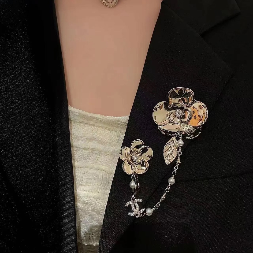 replica Chanel Camellia with Chain Flower Brooch - H Lin Jewelry