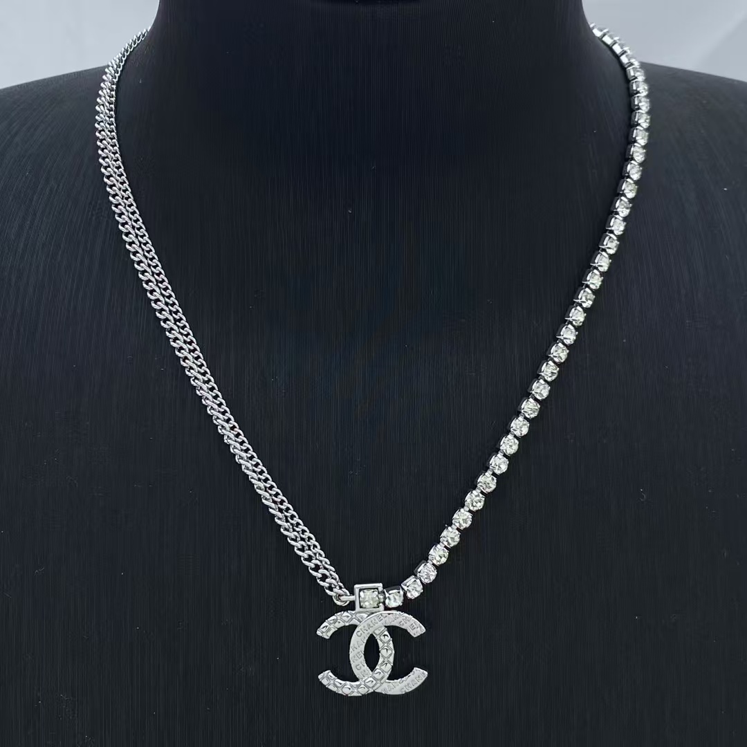 replica Chanel Half Rhinestone Chain Half Cuban Chain Necklace - H Lin Jewelry