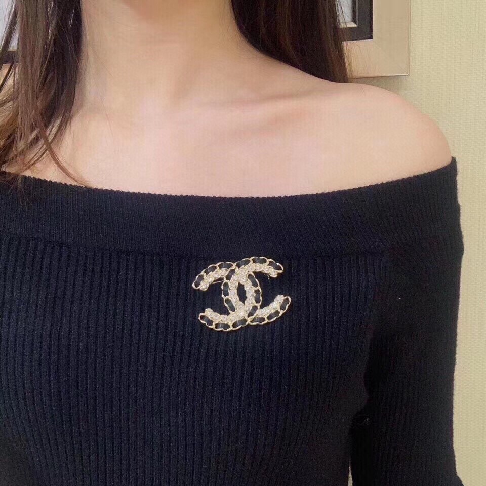 replica Chanel Leather Woven Diamond Paved Gold Brooch - H Lin Jewelry