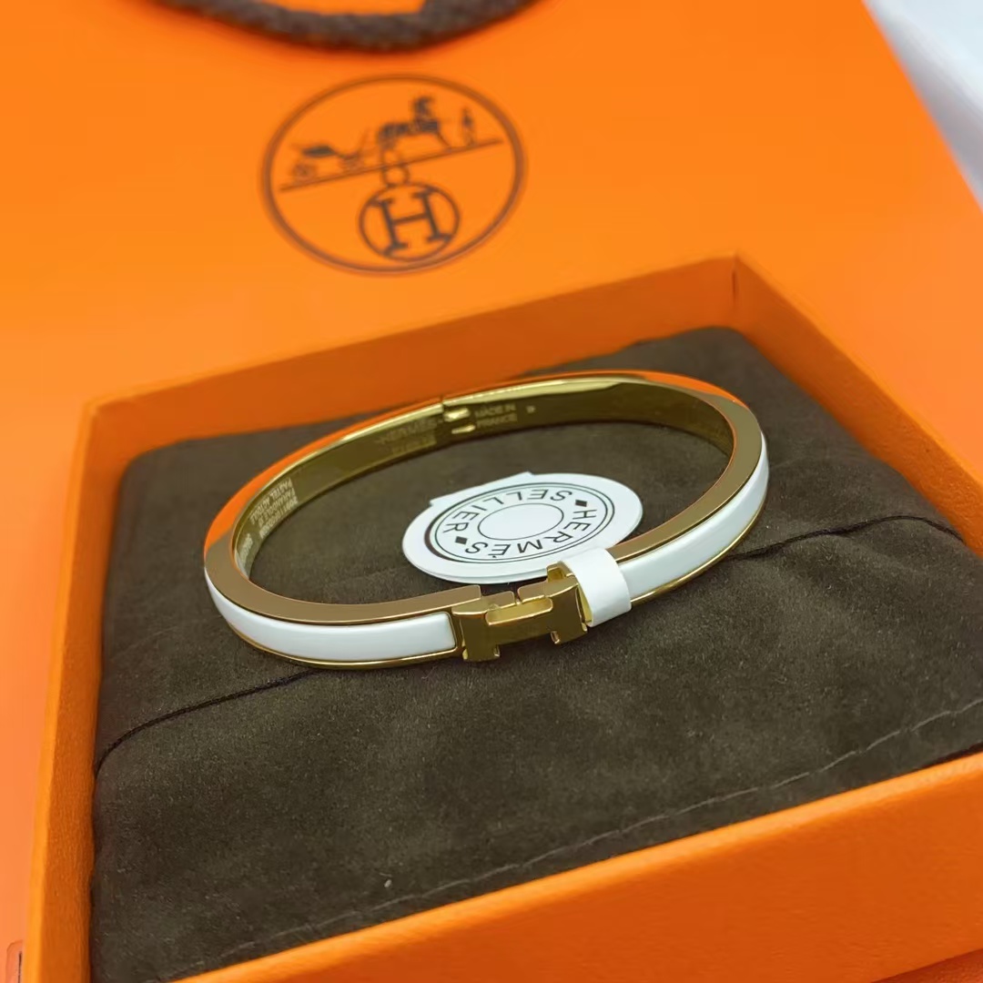 replica Hermes H White Enamel Bracelet Bangle - H Lin Jewelry