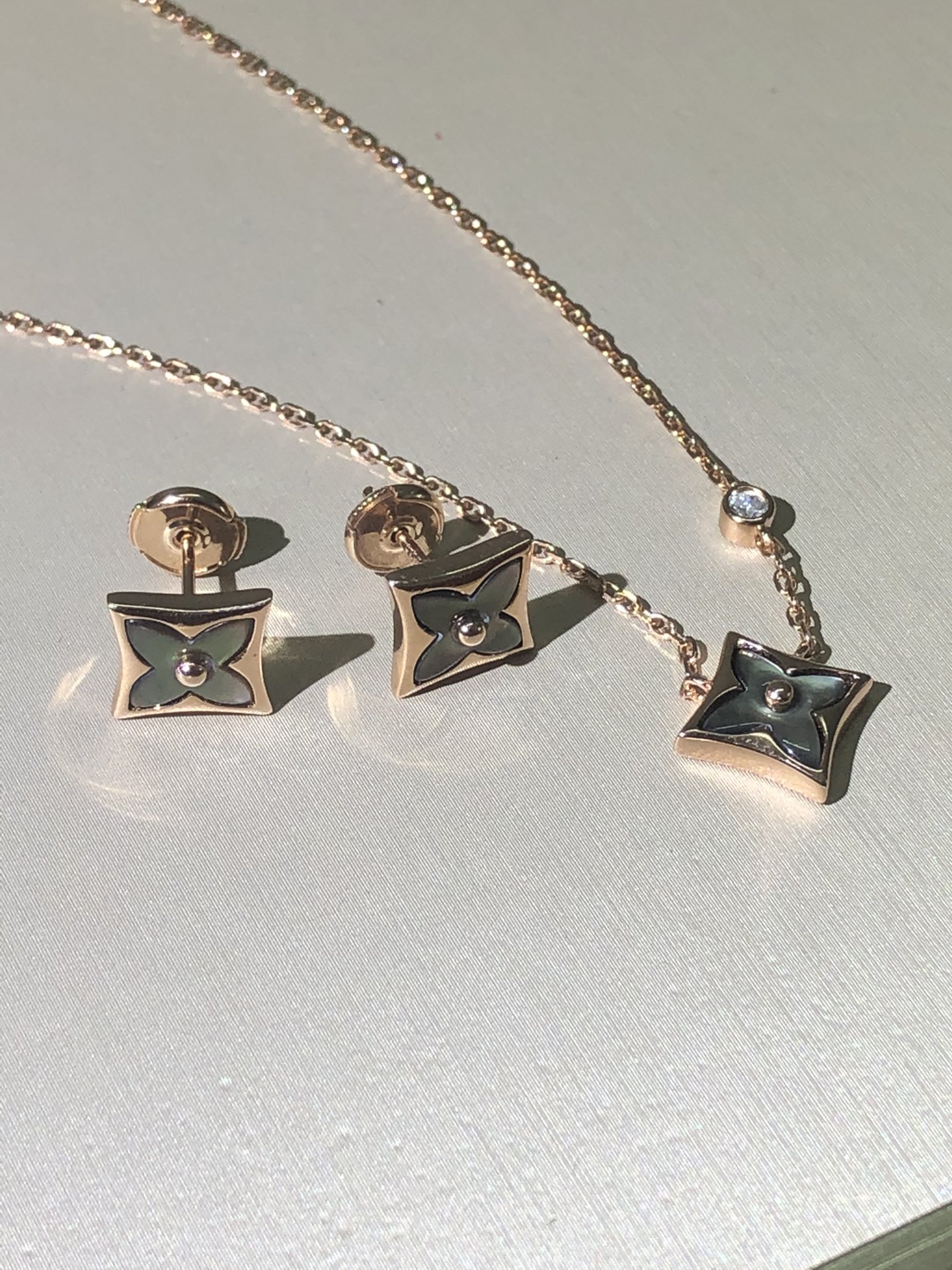 replica Louis Vuitton Rose Gold Gray Mother of Pearl Earrings Bracelet Necklace - H Lin Jewelry
