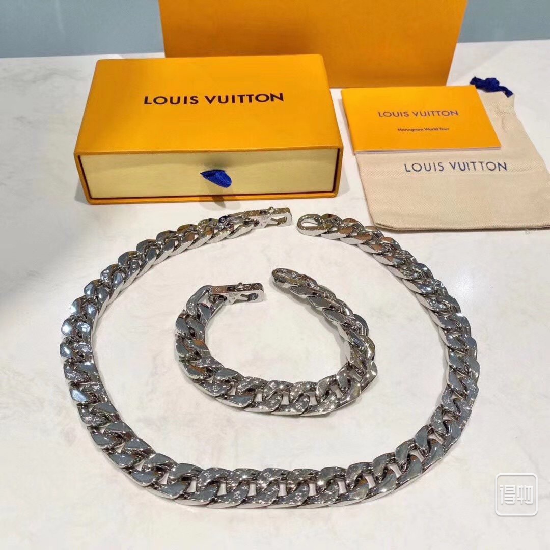 replica Louis Vuitton Flat Chunky Cuban Chain Bracelet Necklace Mens - H Lin Jewelry