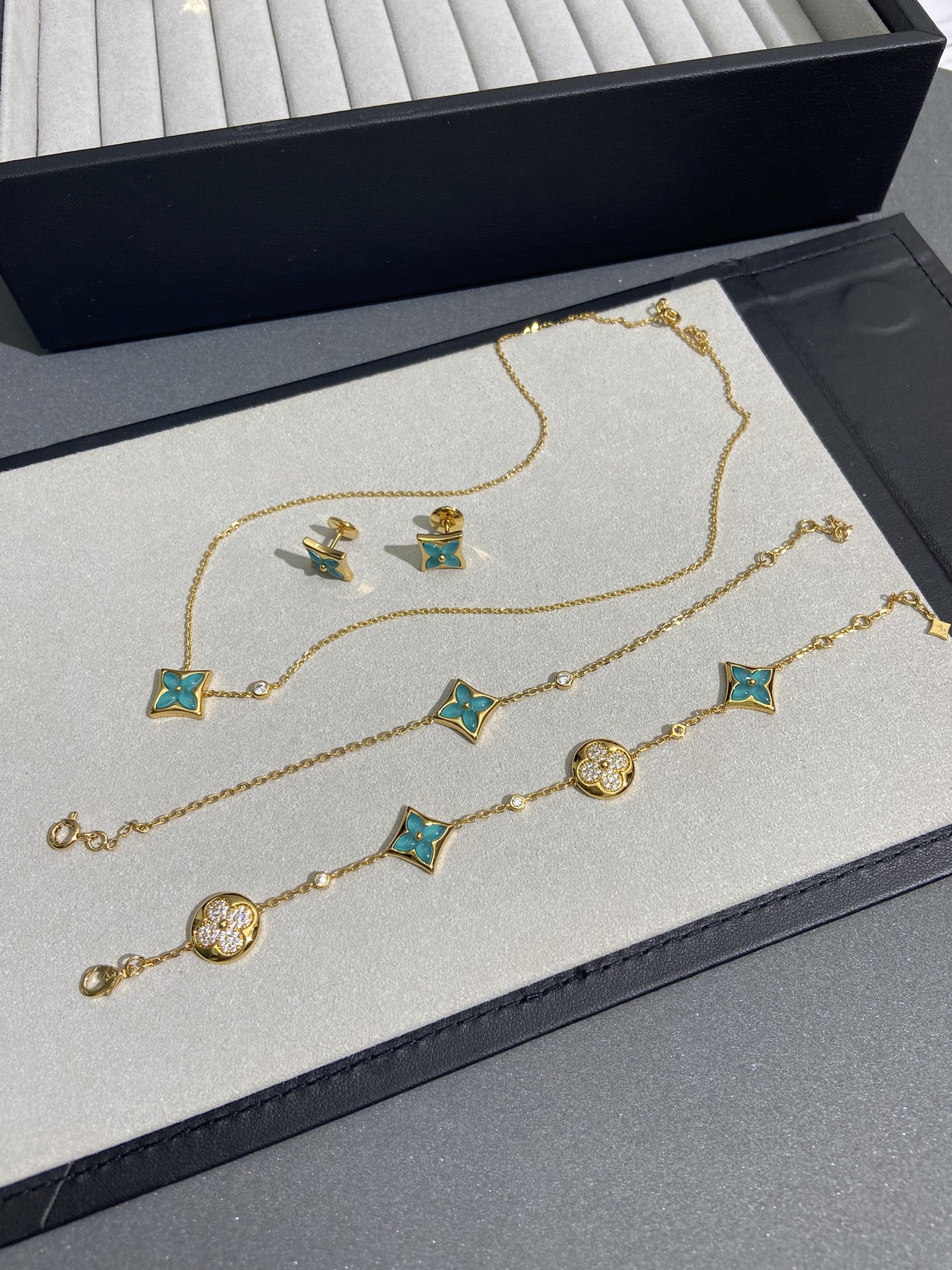 replica Louis Vuitton Blue Amazonite Color Blossom Necklace Bracelet Earrings - H Lin Jewelry