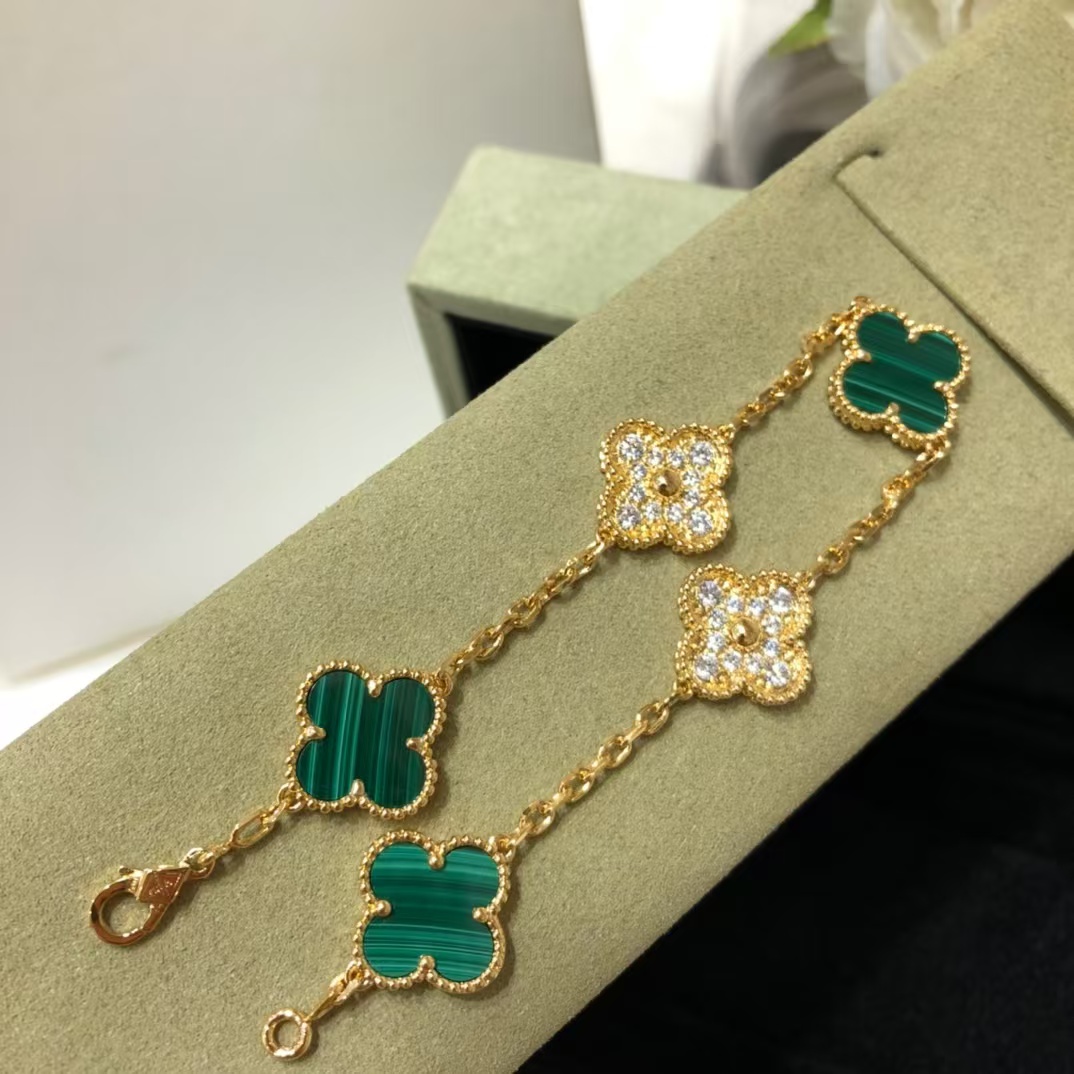 replica Van Cleef & Arpels Malachite and Gold Vintage Alhambra Bracelet 5 Motifs - H Lin Jewelry