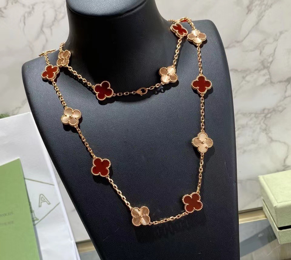 replica Van Cleef & Arpels Vintage Alhambra Rose Gold Mixed Carnelian Clover Long Necklace - H Lin Jewelry