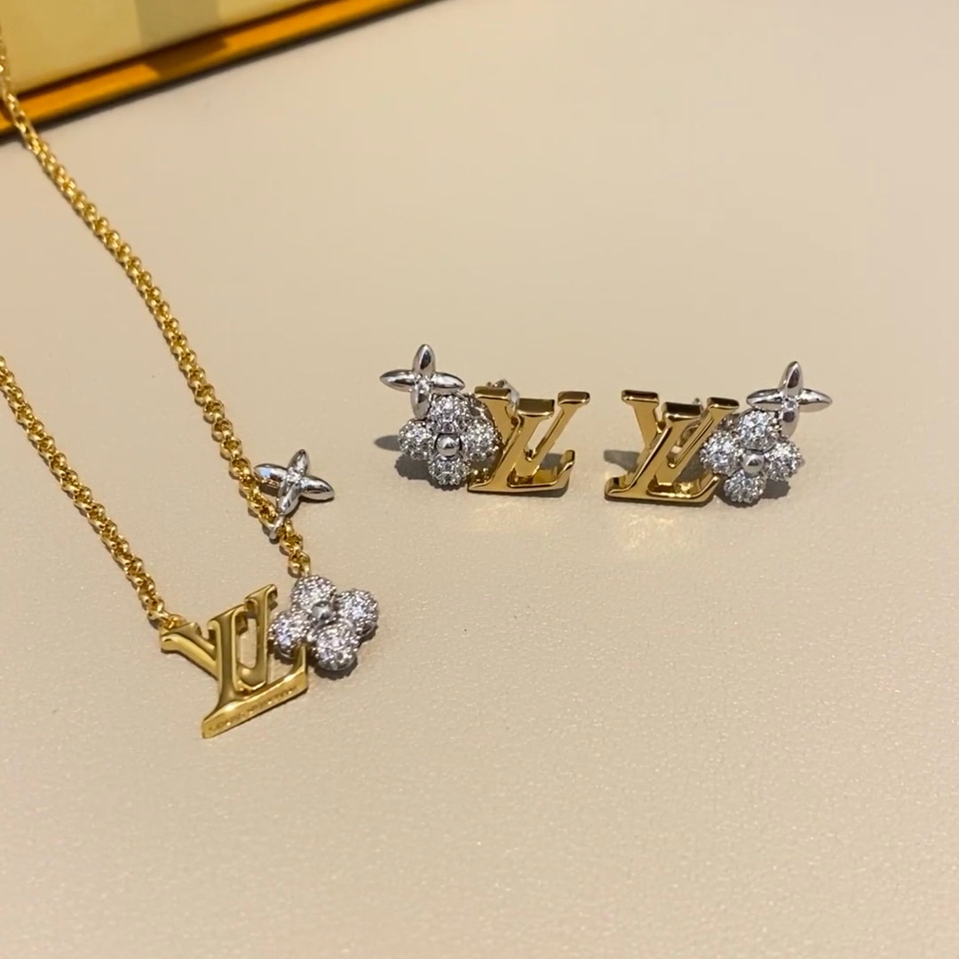 replica Louis Vuitton Mixed Metal Color LV Monogram Earrings Necklace - H Lin Jewelry