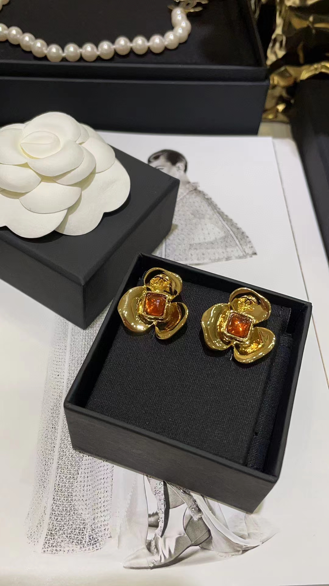 replica Chanel Gold Camellia Stud Earrings - H Lin Jewelry