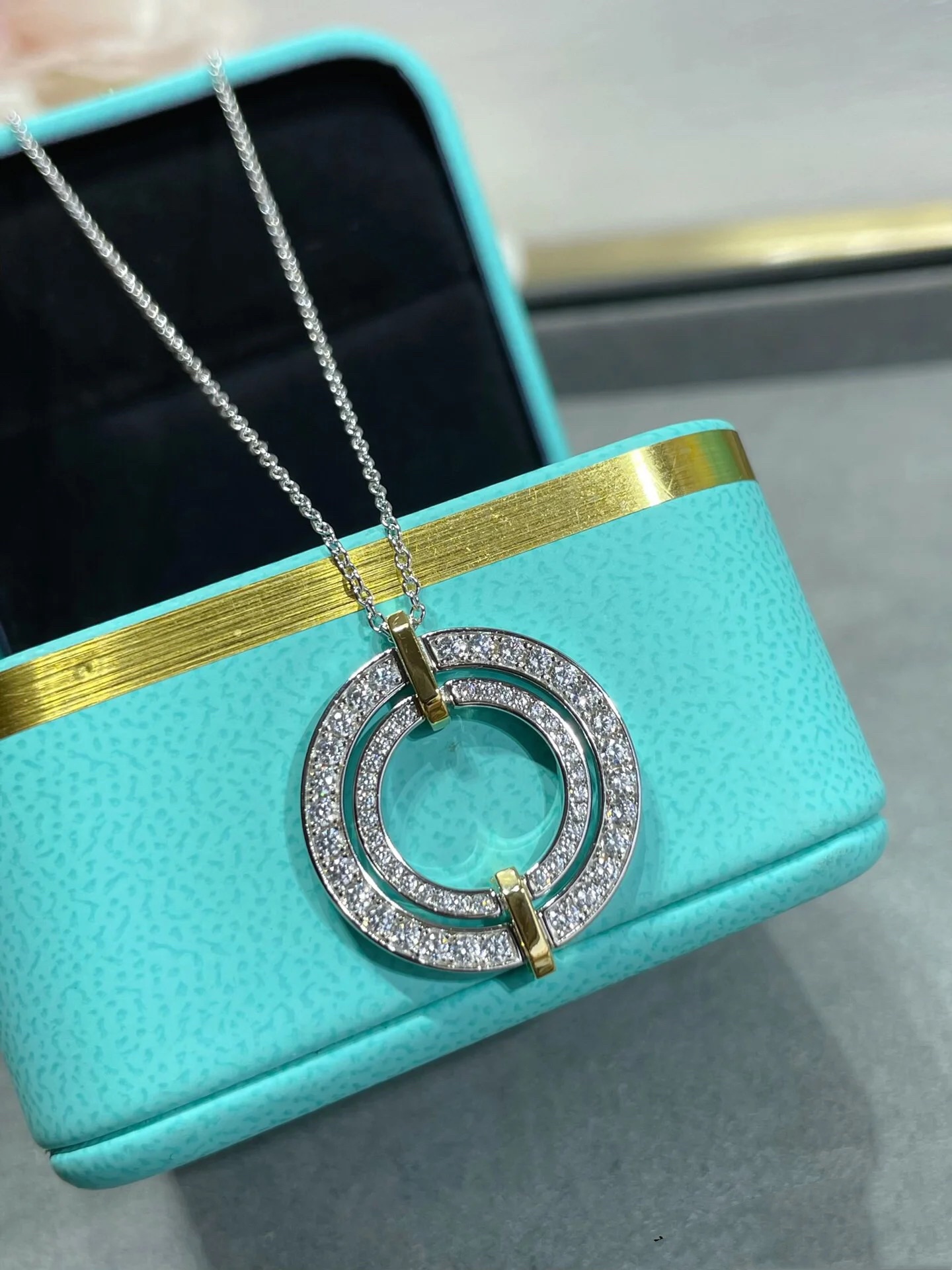 replica Tiffany Mixed Metal Color Large Round Pendant Necklace - H Lin Jewelry