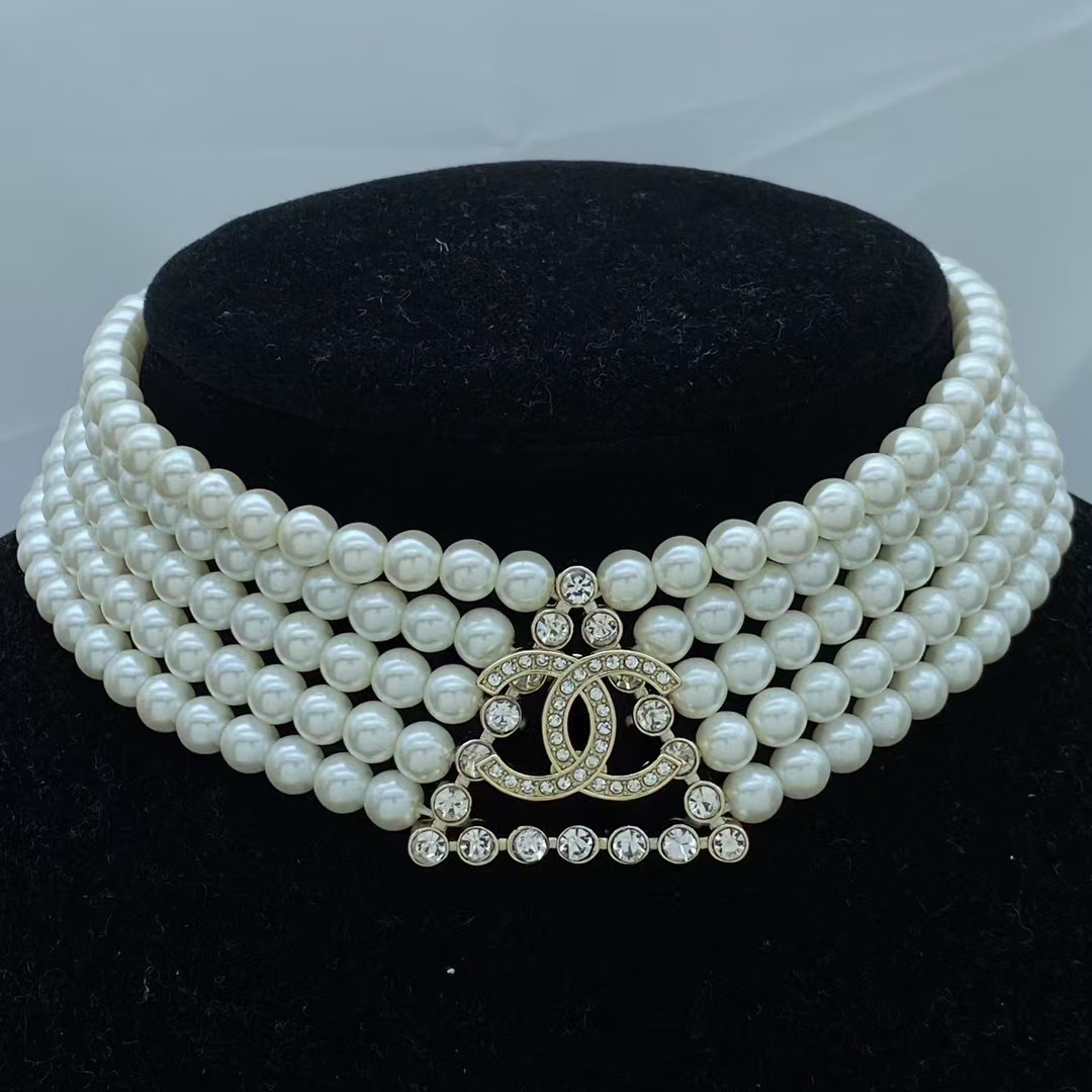 replica Chanel Triangle 5 Rows Pearl Choker Necklace - H Lin Jewelry