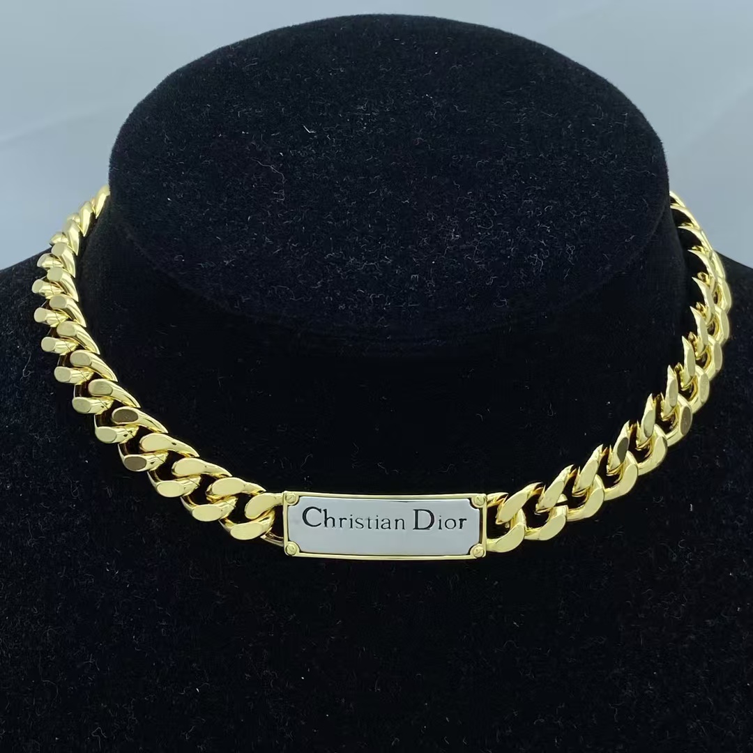 replica Dior Christian Dior Plate Gold-Finish Chunky Cuban Chain Choker Necklace - H Lin Jewelry
